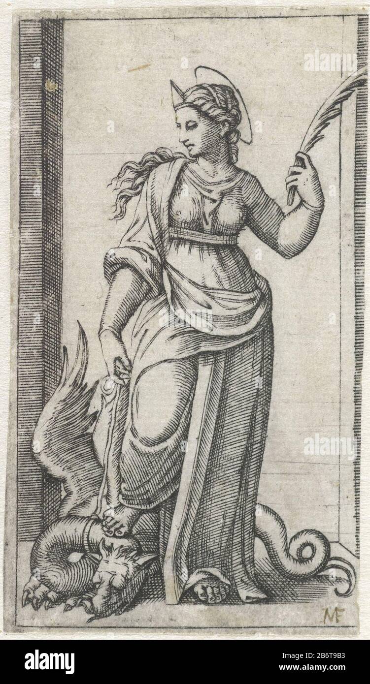 St. Margaret von Antiochia mit Drachenseil Objektart: Bild Artikelnummer: RP-P-ob-11.901Katalogisreferentie: Bartsch 181-A Aufschriften / Marken: Sammlermarke, darunter links, gestempelt: Lugt 240 Hersteller: Zu drucken von Marc Antonio Raimondiprentmaker: Anonymer Standort Herstellung: Italien Datum: 1500 - 1575 Physische Merkmale: Engra-Material: Papiertechnik: Papiertechnik: Engraa (Druckverfahren) Maße: Blatt: H 85 mm × 46 b mmToelichtingKopie zum Druck von Marcantonio Raimondi. Betrifft: Die jungfräuliche Märtyrerin Margaret oder Antiochia; mögliche Attribute: Kreuz, Krone, Drache (unter Füßen oder auf Stockfoto