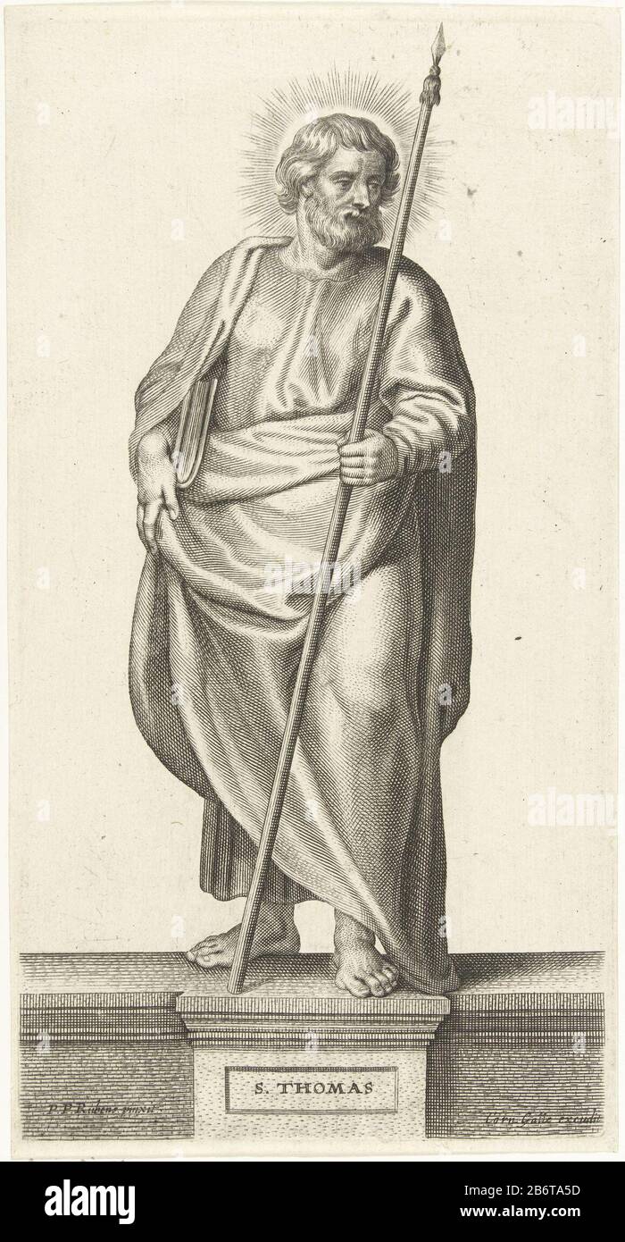 Heiliger Thomas SS Apostolorum Iconen (serietitel) Das Bild zeigt den heiligen Thomas. In der linken Hand einen Speer. In der rechten Hand ein Buch. Die Serie besteht aus Druckwerken, die auf Gemälden von Peter Paul Rubens basieren. Hersteller : Druckmaschine: Peter Clouwet (denkmalgeschütztes Objekt) zum Gemälde von Peter Paul Rubens (denkmalgeschütztes Gebäude) Herausgeber: C. Galle (denkmalgeschütztes Eigentum) Ort Herstellung: Antwerpen dating: 1639 - 1670 Physikalische Merkmale: Fahrzeugmaterial: Papiertechnik: Engra (Druckverfahren) Abmessungen: Plattenkante: H 260 mm × W 139 mm Betreff: Der Apostel Thomas; mögliche Attribute: Buch, Kelch, Gürtel, Herz, sp Stockfoto