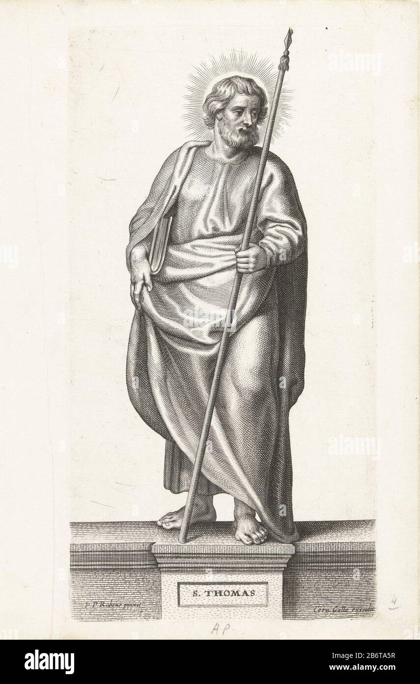 Heiliger Thomas SS Apostolorum Iconen (serietitel) Das Bild zeigt den heiligen Thomas. In der linken Hand einen Speer. In der rechten Hand ein Buch. Die Serie besteht aus Druckwerken, die auf Gemälden von Peter Paul Rubens basieren. Hersteller : Druckmaschine: Peter Clouwet (denkmalgeschütztes Objekt) zum Gemälde von Peter Paul Rubens (denkmalgeschütztes Gebäude) Herausgeber: C. Galle (denkmalgeschütztes Eigentum) Ort Herstellung: Antwerpen dating: 1639 - 1670 Physikalische Merkmale: Fahrzeugmaterial: Papiertechnik: Engra (Druckverfahren) Abmessungen: Plattenkante: H 259 mm × W 135 mm Betreff: Der Apostel Thomas; mögliche Attribute: Buch, Kelch, Gürtel, Herz, sp Stockfoto