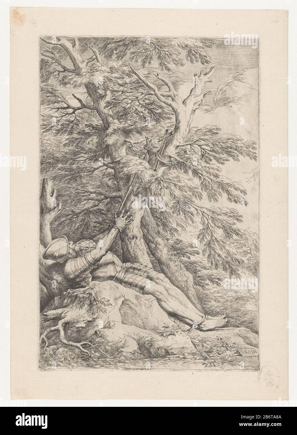 Heiliger Willem van Maleval Heiliger Wilhelm von Maleval in Rüstung mit Helm, seine Hände an den Zweig eines Baumes gebunden. Zu einem anderen Zweig des Baumes gehört ein Kreuzgebonden. Hersteller : Druckmaschine: Salvator Rosa (auf dem Objekt angegeben) Ort Herstellung: Italien Datum: 1661 Physikalische Eigenschaften: Ätzung und Trockenpunkt Material: Papiertechnik: Ätzung / Trockenpunktmessungen: Plattenkante: H 345 mm × b 229 mm Betreff: Der Einsiedler William von Maleval (Der Große); mögliche Attribute: Buch, Mantel der Post, Drache unter den Füßen, Helm, Schild, Rosary, T-förmiges Personal Stockfoto