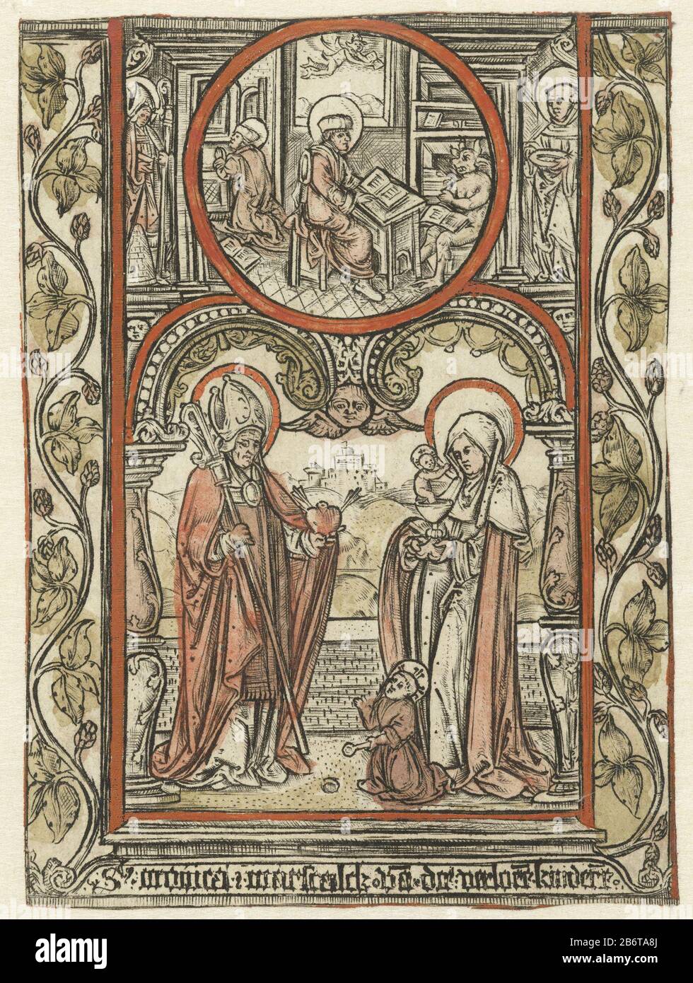 Heilige bisschop en heilige Monica S monica marscalck va die verlore kindere (titel op object) Zwei Heilige im Rahmen mit Zierschmuck. Bischof mit Personal und Herz. Monica Kelch und zwei Kinder. Oben im Kreis mit der Versuchung eines Heiligen. Loseblatt mit handgeschriebenem Text in Schwarz und Rood. Hersteller: Druckerhersteller: Allaert Claesz. (Zugeordnet zu) Druckmaschine: Monogrammist S (16. Jahrhundert) (möglich) Vom: 1510 - 1530 Physische Merkmale: Enna, Hand in Rot und Gelb eingefärbt: Papiertechnik: Enna (Druckverfahren) / Handfarbenabmessungen: Blatt: H 110 mm (Bild ) × 8 Stockfoto