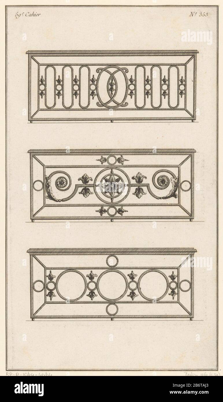 Hekken traf Blämmotieven Hekken (Serietitel) 59e Cahier (serietitel op object) Drei schmiedeeisernen Tore mit Blumenmotiven. Drucknummer 353. Hersteller : Druckerhersteller Jean Pelletier (möglich) zu entwerfen: Juste Nathan François Boucher (möglich) Herausgeber: Charles Le Père & Pierre-Michel Avaulez (möglich) Ort Herstellung: Paris Datum: 1776/79 Physikalische Merkmale: Radierung und Engra-Materialien: Papiertechnik: Radierung / Engra-Abmessungen (Druckverfahren): Blatt: H 299 mm (Innenkante schneiden Sie die Plattenkante ab.) × W 174 mm (Innenkante schneiden Sie die Plattenkante ab.) Hinweis Drucken Sie fünf von einer Reihe von Rzes. Betrifft: Zaun, wa Stockfoto