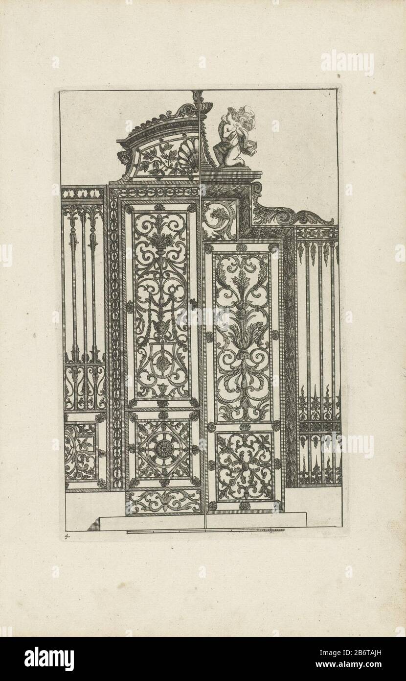 HEK traf die Variante voor rechterhelft Smeedwerk (serietitel) Aus 6 Klingenreihen mit niederländischen tegenzijdischen Kopien der Serie Liure the Serurerie, entworfen von Jean Lepautre und Klingen aus einer anderen Serie. Zweiter Druk. Hersteller : entworfen von Jean Lepautreprentmaker: Anonymer Herausgeber: Reinier Ottens (I) Herausgeber: Reinier Ottens (II) Herausgeber: Joshua Otten City Herstellung: Entwurf von Frankreich (möglich) Druckmaschine: Niederlande (möglich) Herausgeber: Amsterdam Herausgeber: Amsterdam Herausgeber: Amsterdam Datum: 1726 - 1750 und / oder / oder 1.750 - 1765 Material: Papiertechnik: Ätzmaße: Platte Stockfoto