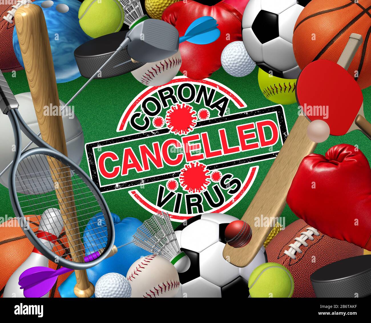 Coronavirus Sportsaison annullierte Konzept und kovid 9 Sportveranstaltungen Stornierung, da Sportspiele verschoben oder gestört werden. Stockfoto