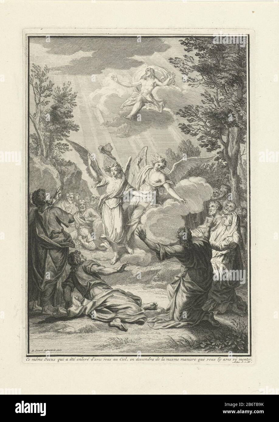 Hemelvaart van Christus Titelpagina voor J Lenfant en i de Beausobre, Le Nouveau Testament, 1718 Christus diente auf einer Wolke am Himmel. Zwei Engel auf der Erde zeigen auf den Himmel. Die Leute sehen erschrocken aus. In einem bibelzitat aus Handmarge. 1:11 im Frans. Hersteller: Druckmaschine: Bernard Picart (Atelier) zur Zeichnung von: Bernard Picart (auf dem Objekt angegeben) Ort Herstellung: Amsterdam Datum: 1717 Physikalische Eigenschaften: Ätzungs- und Engra-Material: Papiertechnik: Ätzung/Engra-Messungen: Plattenkante: H 220 mm × W 153 mmToelichtingTitelpagina für: Lenfant, Jacques und I Stockfoto