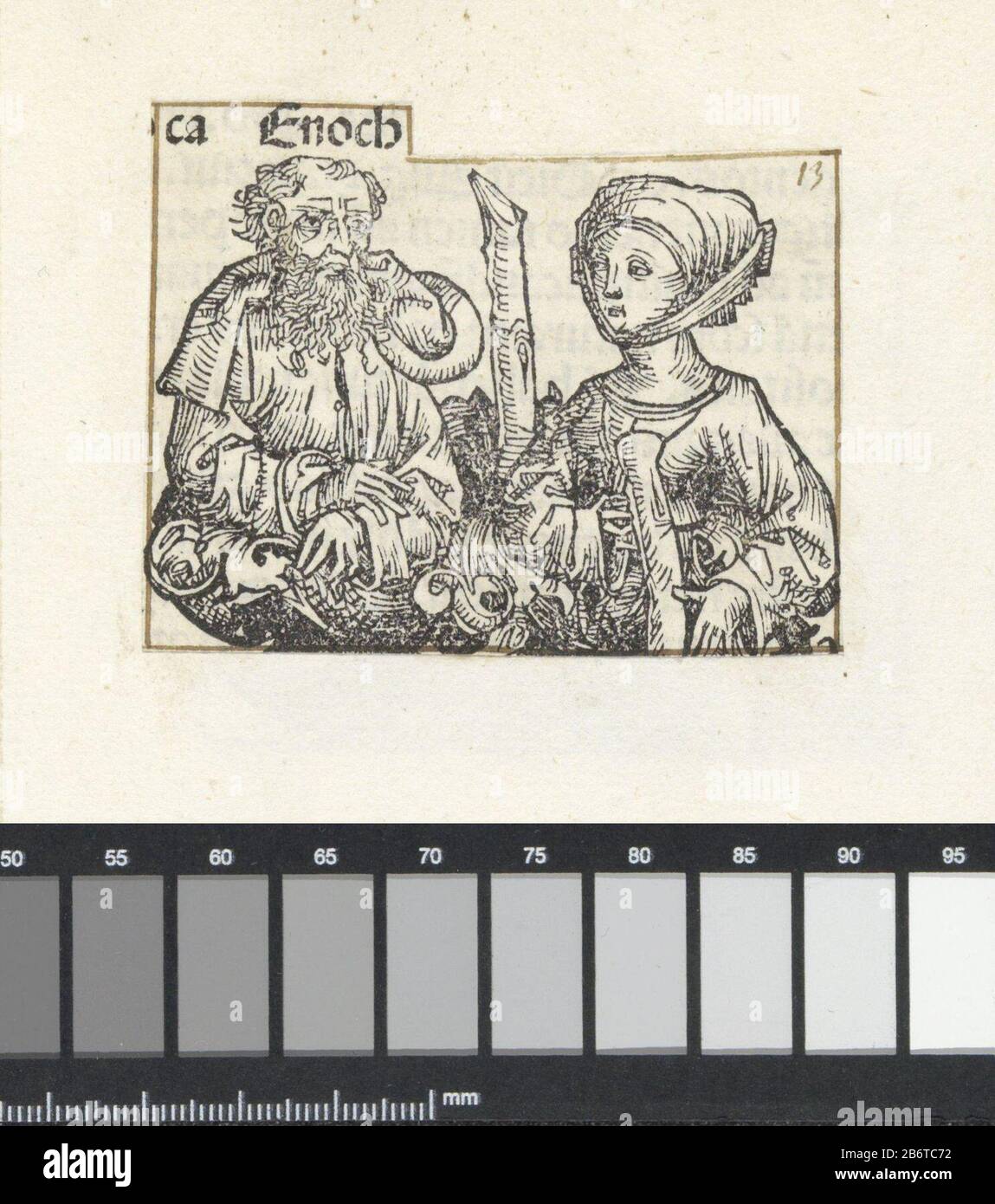 Henoch en zijn vrouw Enoch (titel op object) Liber Chronicarum (serietitel) Een bloemkelk met een oude man met baard en rechts een vrouw. De voorstelling ist ein Fragment van de stamboom van Christus in de Liber Chronicarum. De tekst identificeert de man als Henoch. De prent maakt deel uit van een Album. Hersteller: Pretmaker: Michel Wolgemut (Atelier van)prentmaker: Wilhelm Pleydenwurff (Atelier van)Plaats Herstellung: Neurenberg dating: 1493 Physikalische Kenmerken: Houtsnede geplact op Albumblad; tekst in boekdrauk; verso traf Tekst in boekdrauk Material: Papier de / techniek Stockfoto