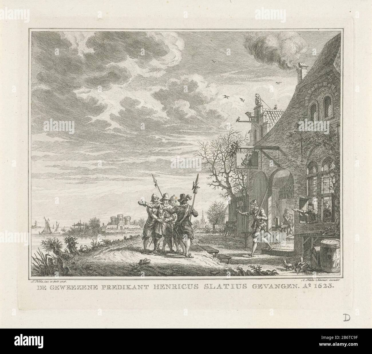 Henricus Slatius gevangen genomen, 1623 De geweezene predikant Henricus Slatius gevangen Ao 1623 (titel op object) In einem gasthaus, der ehemalige Minister Henricus Slatius fing Genomen. Hersteller: Druckerei-Hersteller Simon Fokke (denkmalgeschütztes Gebäude) in seinem Entwurf: Simon Fokke (denkmalgeschütztes Gebäude) Herausgeber: Arend Fokke Simonsz. (Aufgeführte Eigenschaft) Ort Herstellung: Amsterdam Datum: 1776 Physische Merkmale: Ätzmaterial: Papiertechnik: Ätzmaße: Plattenkante: H 178 mm × W 204 mm Betreff: Inhaftierte Wanneer: 1623 - 1623wie: Henricus Slatius Stockfoto