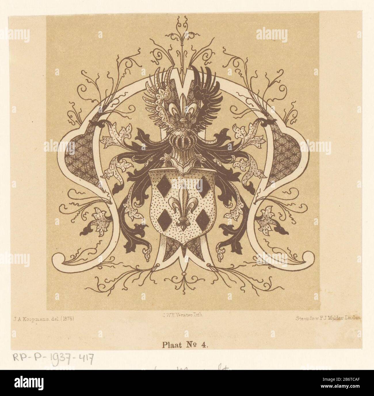 Heraldisch wapen van het gesracht Van Mansvelt Mittlere Unternummerierte Platte Nr. 4 . Hersteller : Druckerhersteller Cornelis Willem Hendrik Verster von Wulverhorst (denkmalgeschütztes Eigentum) zu entwerfen: Ja Koopmans (denkmalgeschütztes Gebäude) Drucker: Pieter Jacobus Mulder (denkmalgeschütztes Eigentum) Ort Herstellung: Leiden Datum: 1876 Physikalische Merkmale: Tonlithographie in Brauntonblock Beige Material: Papiertechnik: Tonlithographie Abmessungen: Blatt: H 143 mm × W 149 mm Betreff: Armlehnlager, Heraldik Stockfoto
