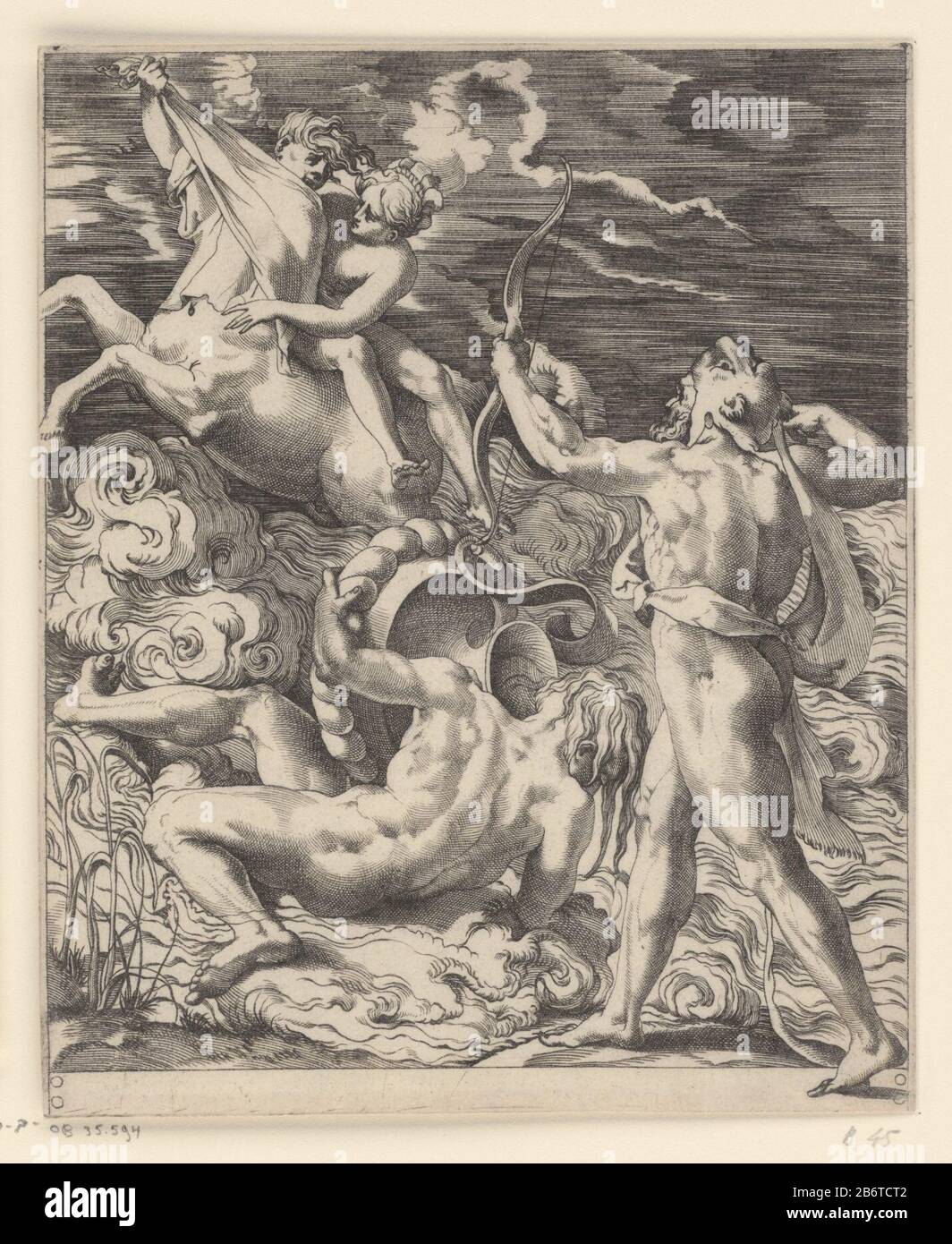 Der Zentaur Nessus ist Fährmann am Fluss. Wenn er Deianira überträgt, versucht er sie zu rauben und er galoppiert mit ihr. Herkules war schon auf der anderen Seite, beugte sich seinen Bogen nach Nessus schieten. Hersteller : Druckerhersteller Giovanni Jacopo Caraglionaar Design: Rosso Fiorentino Ort Herstellung: Italien Datum: 1515 - 1565 Physische Merkmale: Engra; Proofing Material: Papiertechnik: Engra (Druckverfahren) Abmessungen: Blatt: H 222 mm (Innenkante der Schnittplatte) × W 182 mm (Innenkante der Schnittplatte) Kommentare Drucken Sie eine Serie von sechs Pränten aus. Subjekt Herkules schießt auf Nessus, den Zentaur, der Zu tragen Versucht Stockfoto