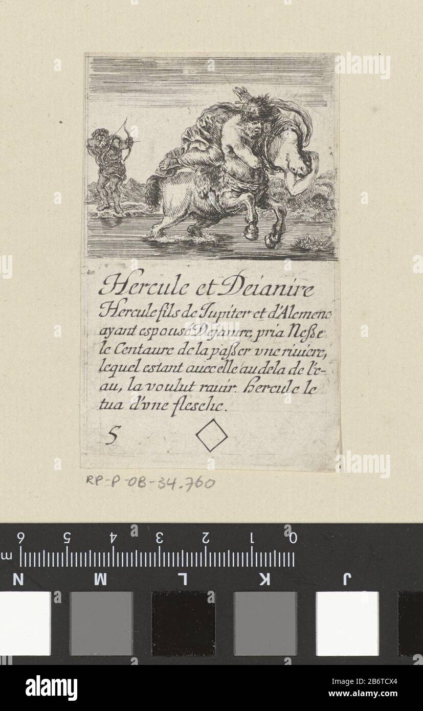 Speelkaart traf een voorstelling van Deïanira die wortt meegenomen door Nessus. Herkules staat op de achtergrond en richt zijn pijl en boog op de centaur. Tekst en ruit in de ondermarge. Hersteller : Pfentmacher: Stefano della Bellauitgever: Henry le Grasverlener van Privilege: Franse kroonPlaats Herstellung: Prentmaker: Frankrijkuitgever: Parijsverlener van Privilege: Frankrijk dating: 1620 - 1664 Physikalisches Kenmerken: ETS Material: Papier Techniek: Etsen Dimensionen: Blad: H 88 mm (Binnen plaatrand afgesneden.) × b 55 mm (Binnen plaatrand afgesneden.)ToelichtingDeze prent maakt deel uit van een Stockfoto