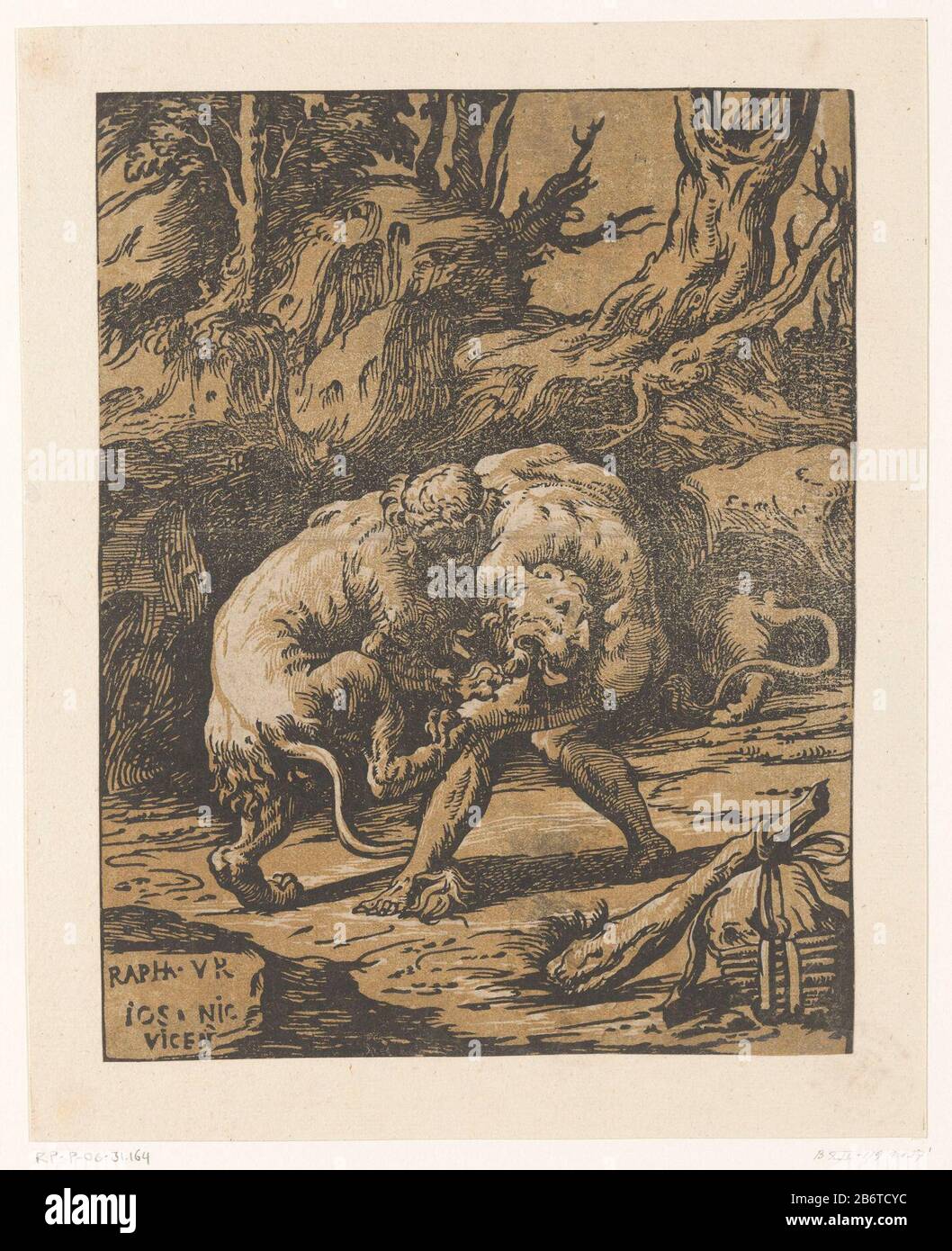 In einer Landschaft kämpft Herkules gegen den Nemeischen Löwen. Im Vordergrund der Herkulesverein. Hersteller: Druckmaschine: Niccolò Vicentino (Listed Property) entworfen von: Rafael (Listed Property) Herstellung: Italien Datum: CA. 1540 - 1550 Physische Merkmale: Chiaroscuro Holzschnitt in Schwarz und Braun; gedruckt ein Holzzeilenblock und ein Holztonblockmaterial: Papiertechnik: Chiaroscuro-Holzschnitt Abmessungen: Blatt: H 246 mm × W 192 mm Betreff: (1) Herkules würgt den Nemeischen Löwen mit seinen Armen Stockfoto