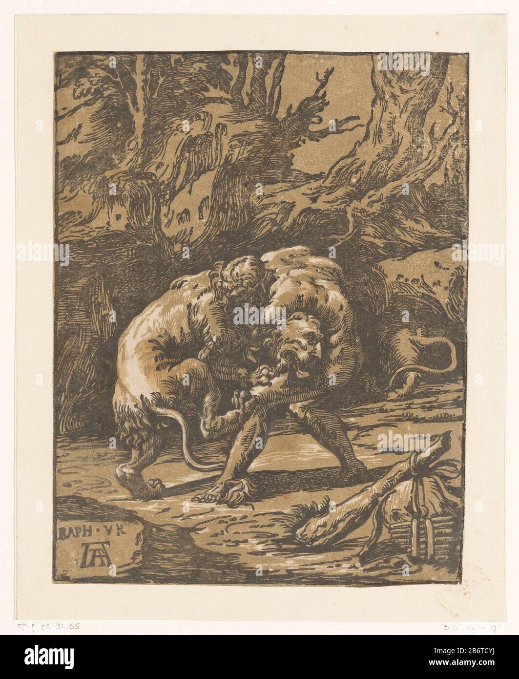 In einer Landschaft kämpft Herkules gegen den Nemeischen Löwen. Im Vordergrund der Herkulesverein. Hersteller : Entwurf Niccolò Vicentinonaar von:: Druckerhersteller Rafael (denkmalgeschütztes Gebäude) Verleger: Andrea Andreani (denkmalgeschütztes Eigentum) Herstellung: Italien Datum: 1568 - 1629 Körperliche Merkmale: Chiaroscuro Holzschnitt in schwarz und braun; gedruckt ein Holzleitblock und ein Holztonblockmaterial: Papiertechnik: Chiaroscuro-Holzschnitt Abmessungen: Blatt: H 249 mm × W 193 mm Betreff: (1) Herkules würgt den Nemeischen Löwen mit seinen Armen Stockfoto