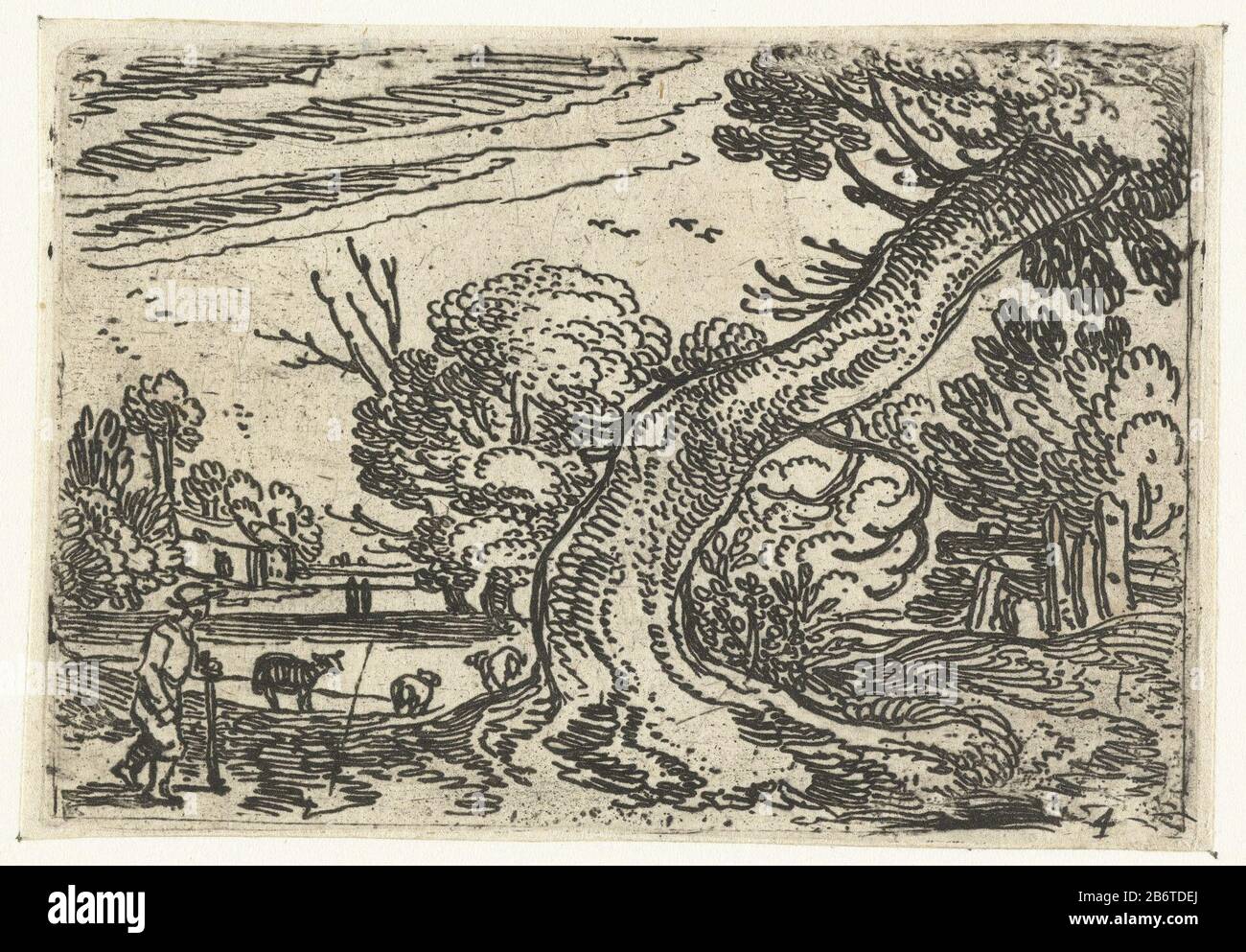 Herder bij een schuin überhängende Boom kleine Landschappen (Serietitel) ein Hirte spaziert mit seinen Schafen an einem Baum mit gebogenem Stamm entlang. Der Stil dieser Landschaft unterscheidet sich in dieser Druckserie stark von den anderen kleinen Landschaften. Es scheint, dass Van de Velde verschiedene Arten von Linien ausprobiert hat, die manchmal mit einem Tiefdruck zusammenhängen. Hersteller: Druckmaschine: Esaias van de Velde zu eigenem Entwurf: Esaias van de Velde Verlag: Claes Jansz. Visscher (II) ist (möglicherweise) Ort Herstellung: Haarlem Datum: 1613 Physikalische Eigenschaften: Ätzmaterial: Papiertechnik: Ätzmaße: PL Stockfoto