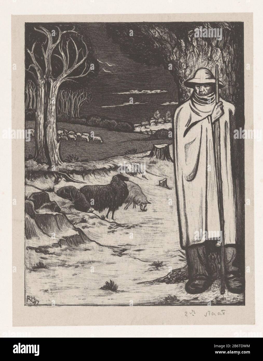 Herder traf een kudde schapen in een heuvellandschap Shepherd mit Schafherde in einer Hügellandschaft Objektart: Bild Artikelnummer: RP-P-1979-332Catalogusreferentie: Sammlung Rijksmuseum zwei (2) Markierungen / Marken: Sammlermarke, Verso, gestempelt: Lugt 2228 Hersteller : Druckerhersteller Richard Nicolaus Holst (Datum: 1897) Physisches Objekt: Indiziert: Lithographie auf dem Material der Chinesenkollé: Papierkochenkollé Technik: Lithographie (Technik) Abmessungen: Blatt: H 403 mm × W 276 mm Betreff: Herding, Herdsmann, Herdsfrau, Hirte, Shepherdess, Kuhherde, usw. Schaf Stockfoto