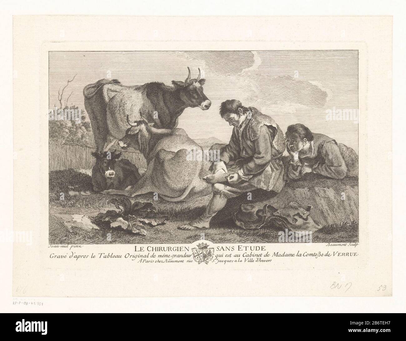 Herders met koeien Le chirurgien sans Etüde (titel op object) Shepherds with koeienLe chirurgien sans Etüde (title object) Objektart: Picture Item Number: RP-P-ob-41,751Catalogusreferentie: IFF 18e siècle 17LeBlanc 9 Inschrift-Marken: Sammlermarke, Verso,: Lugt Hersteller: 240 gestempelt : Pierre François Beaumont (denkmalgeschütztes Eigentum) zum Gemälde von Jan Miel (denkmalgeschütztes Gebäude) Herausgeber: Pierre François Beaumont (denkmalgeschütztes Eigentum) Ort Herstellung: Druckmaschine: France Herausgeber: Paris Datum: 1729 - 179 Material: Papiertechnik: Ätzmaße: Plattenkante: H 174 mm × W 253 Stockfoto