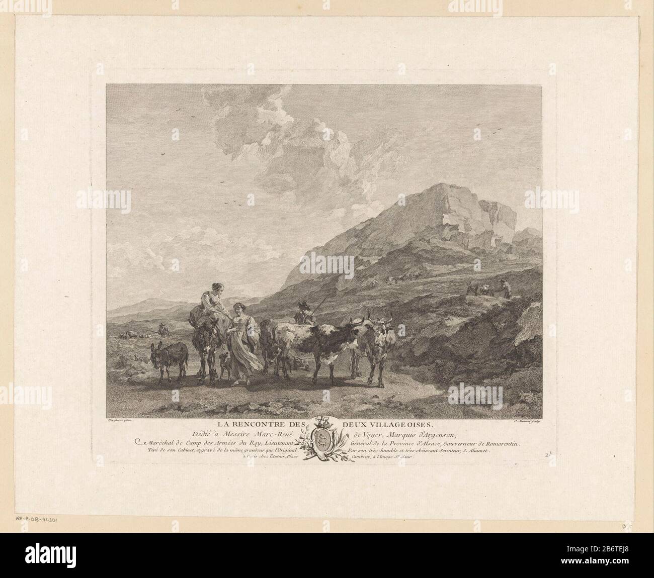 Herders in een rotsachtig landschap La rencontre des deux villageoises (titel op object) Unten rechts nummeriert 2e. Hersteller: Druckerhersteller Jacques Aliamet (denkmalgeschütztes Eigentum) zum Gemälde: Nicolaes Pietersz. Berchem (Objektliste) Herausgeber: Jacques Alimet (denkmalgeschütztes Gebäude) im Auftrag von Jacques Alimet (denkmalgeschütztes Gebäude), der Marc-René de Voyer dem Paulmy d'Argenson Marquis d'Voyer (denkmalgeschütztes Eigentum) Gewidmet Ist Herstellung: Druckmaschine: Frankreich zum Malen von: Netherlands Herausgeber: Paris Datum: 1.750 Material: Papiertechnik: Radierung / Engra (Druckverfahren) Messungen: Plattenkante: H 2 Stockfoto
