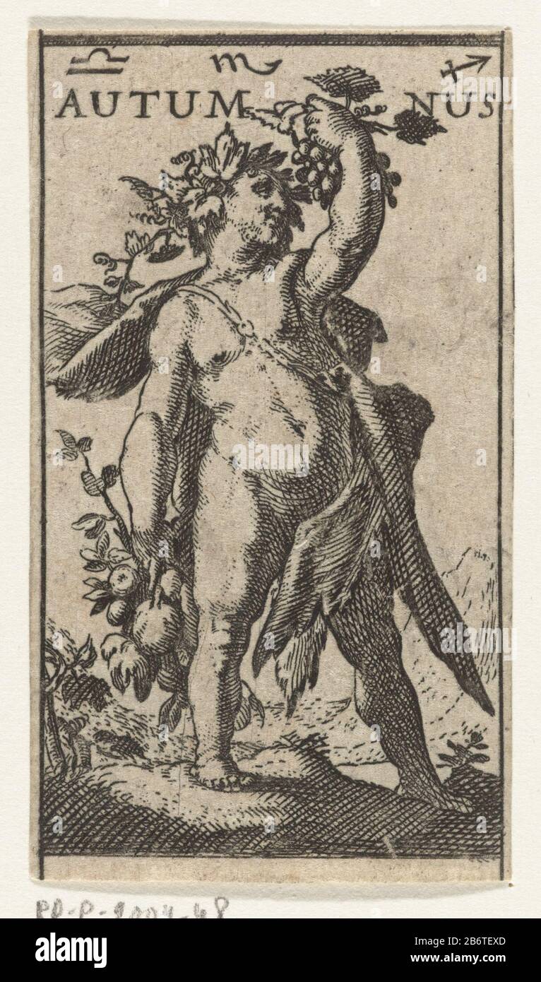 Herfst Autumnus (titel op object) De vier seizoenen (serietitel) die Personifikation des Herbstes, Bacchusfigur mit Trauben und anderen Früchten in den Händen. Auf dem Kopf eine Krone aus Reben. Die drei Konstellationen Libra, Skorpion und Boogschutter überfüllen. Hersteller: Druckmaschine: Anonym zu drucken von Jacob Mathamnaar Design: Hendrick Goltzius Verlag: Willem Janszoon Blaeu Herstellung: Druckmaschine: Niederlande Herausgeber: Amsterdam Datum: 1606 Physikalische Merkmale: Ätz- und Engra-Material: Papiertechnik: Ätzung/Engra-Messungen (Druckverfahren): Blatt: H × 70 mm Tingb 40 mmToelichDe Stockfoto