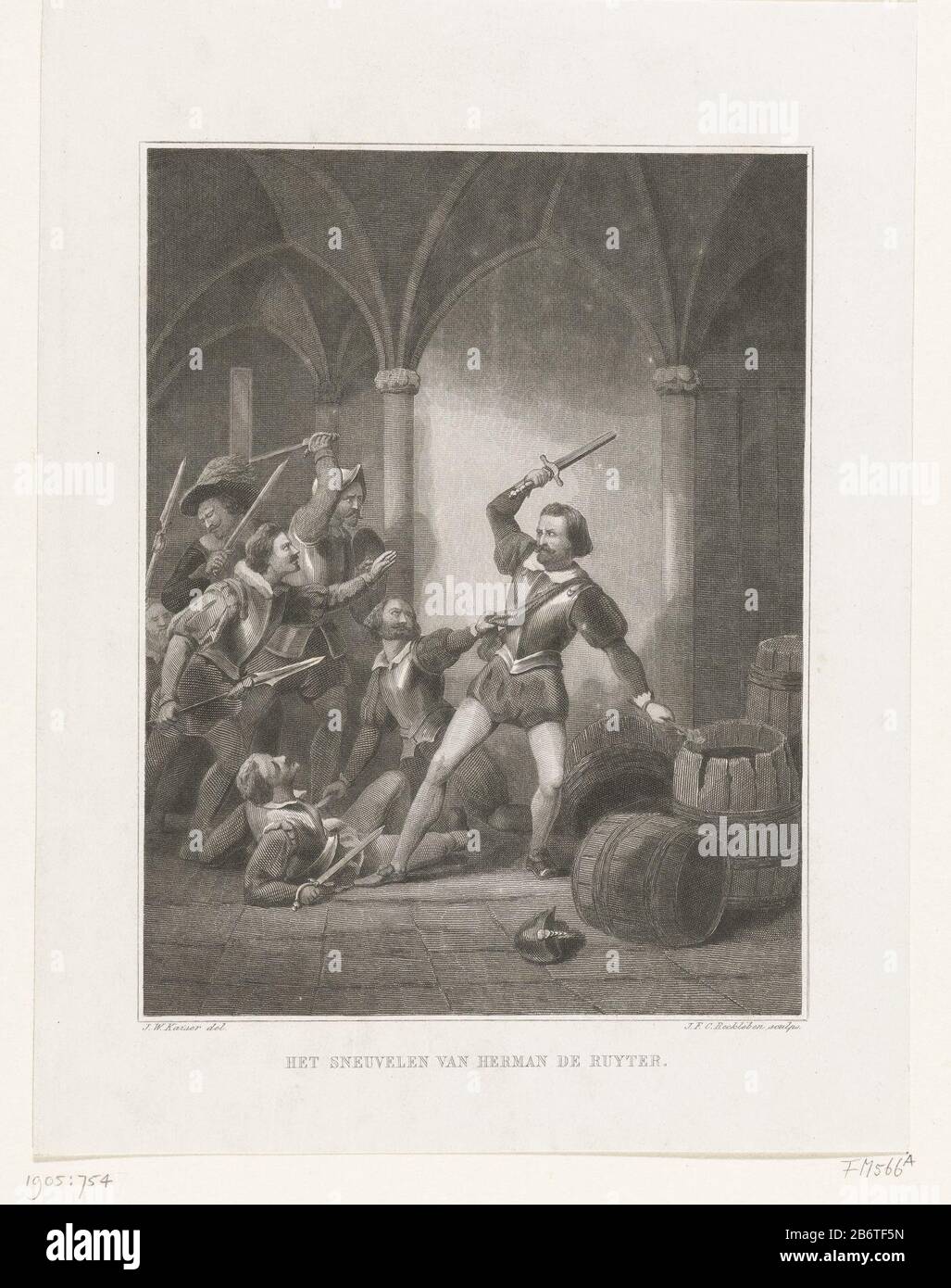 Herman de Ruiter op het punt een brandend lont in het kruitvat te steken, 1570 Het sneuvelen van Herman de Ruyter (titel op object) Herman de Ruiter Kämpfe mit spanischen Soldaten in Loevestein, um das brennende Pulverfass, 19. dezember 1570, zu erstechen. Hersteller : Druckerhersteller Jan Frederik Christiaan Reckleben (börsennotiertes Objekt) zum Zeichnen: Johann Wilhelm Kaiser (I) (auf Objekt abgebildet) Herstellung: Niederlande Datum: 1849 - 1851 Physikalische Merkmale: Stahl-Engra-Material: Papiertechnik: Stahl-Egras Abmessungen: Blatt: 237 mm × h 180 b mmToelichtingIllustratie für: Eagle jp, Common Use Stockfoto