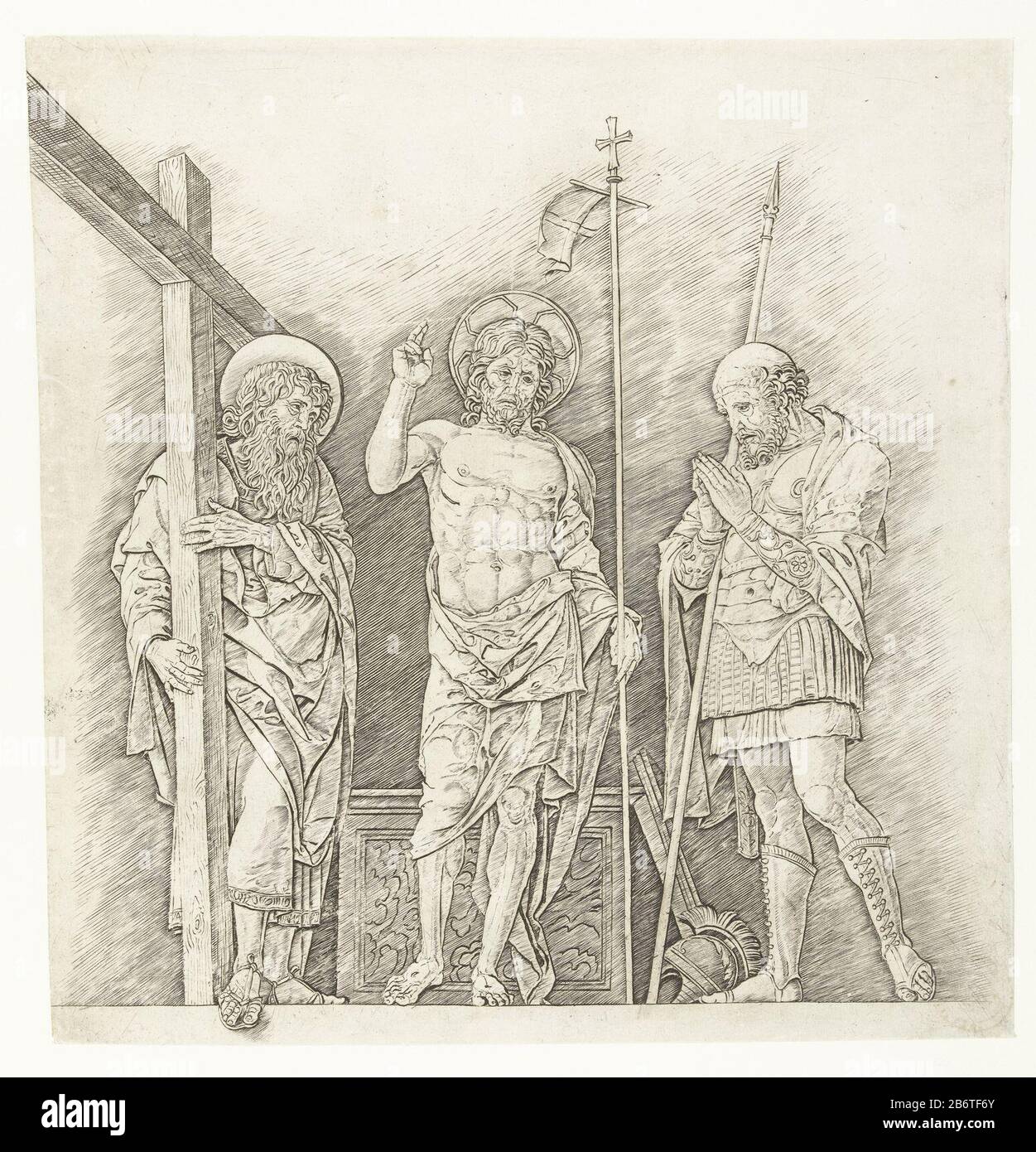 Herrezen Christus staand tussen heiligen Andreas en Longinus Hat Christus Wiedererweckt, der zwischen den Heiligen Andreas und Longinus stand Objekttyp: Print Artikelnummer: RP-P-ob-1936Catalogusreferentie: Hind (Italien) 7der Illustrierte Bartsch 2 Aufschriften / Marken: Sammlermarke, darunter links, gestempelt: Lugt 240 Hersteller: Druckmaschine: Andrea Manteaar: Entwurf: Andrea Manteaar Italien Datum: 1470 - 1474 Abmessungen: Blatt: H 335 mm × W 323 mm Betreff: Der auferstandene Christus (mit Wunden, aber ohne Krone Stockfoto