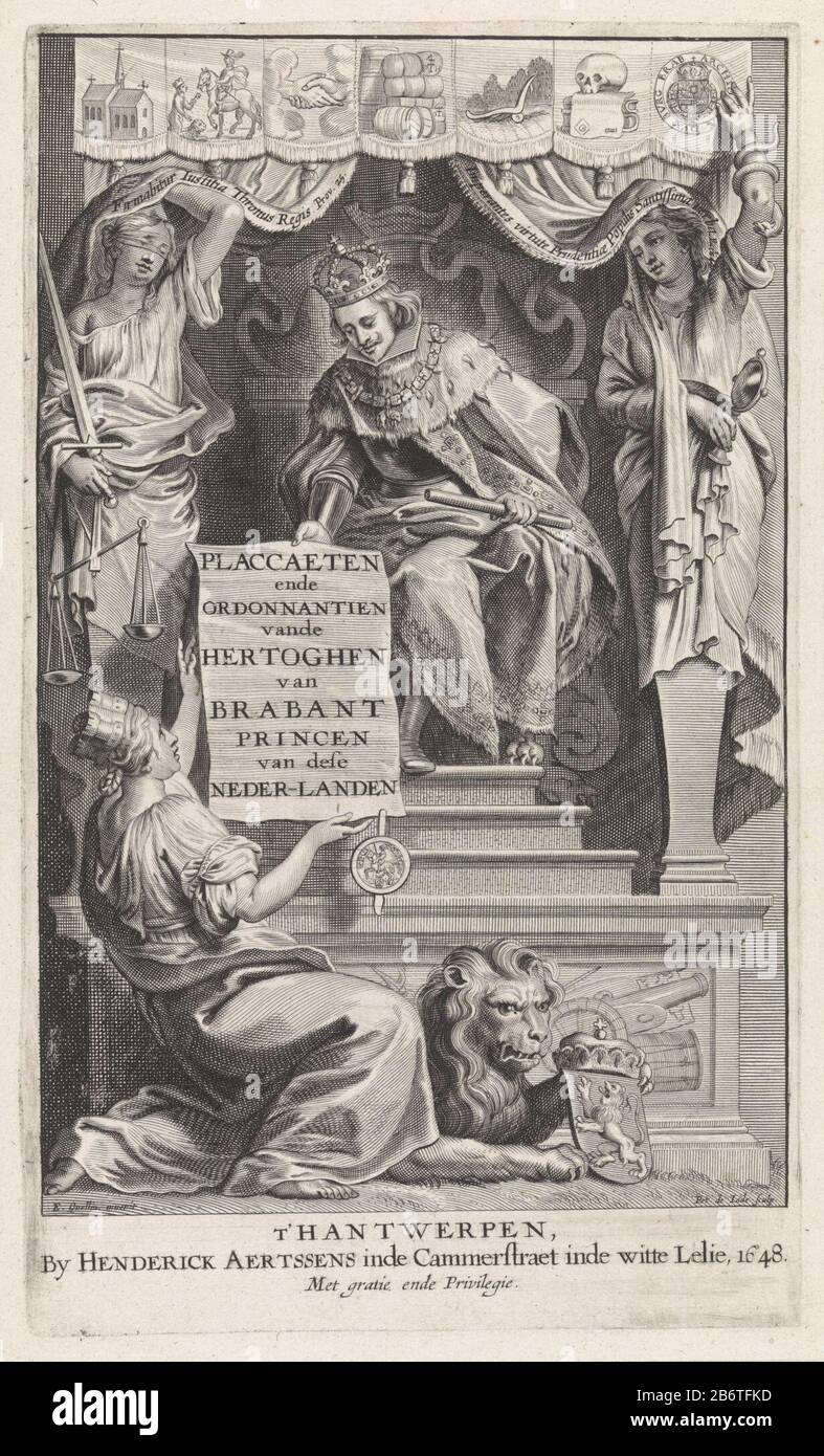 Hertog traf Personificatie van een stad titelpagina voor Placcaeten ordonnantien (), 1648 einen Herzog auf einem Thron. Auf dem Vordach über dem Sitz stehen mehrere Symbole. Der Herzog wird von einer Statue der Gerechtigkeit (Gerechtigkeit) und Vorsicht (Prudentia) flankiert. Mit der rechten Hand gibt er einer weiblichen Personifikation einer Stadt eine Abhandlung (Titel). Sie ist mit einer Mauerkrone bekrönt. Ein Löwe mit dem Wappen der Herzogtümer von brabant ist ihr Voeten. Hersteller: Druckerhersteller Pieter de Jode (II) (unter Denkmalschutz stehendes Gebäude), entworfen von Erasmus Quellinus (I) (unter Denkmalschutz stehendes Gebäude) Herausgeber: Henry Aertsens (auf dem Objekt aufgeführt) Ort manuell Stockfoto