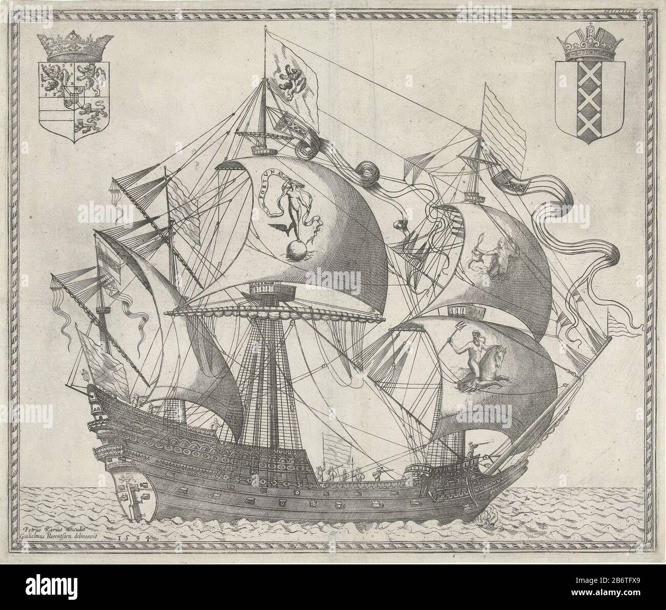 Het Amsterdamse schip Fortuna, 1594 Das Amsterdamer Schiff Fortuna, 1594. Die Segelbilder von Fortuna, einer Meerjungfrau und Neptun. Oberer linker Arm von Maurice und rechts der Stadt Amsterdam. Hersteller: Druckmaschine: Anonym zur Zeichnung: Willem Barendsz (denkmalgeschütztes Gebäude) Herausgeber: Pieter van den Keere (denkmalgeschütztes Eigentum) Ort Herstellung: Niederlande Datum: 1594 Physikalische Merkmale: Ätz- und Engra-Materialien: Papiertechnik: Ätzung/Engra-Abmessungen (Druckverfahren) Abmessungen: Plattenkante: H 362 mm × W 433 mmToelichtingMogelijk als Illustration von Willem Barents, New beschryhe Income caertbo Stockfoto