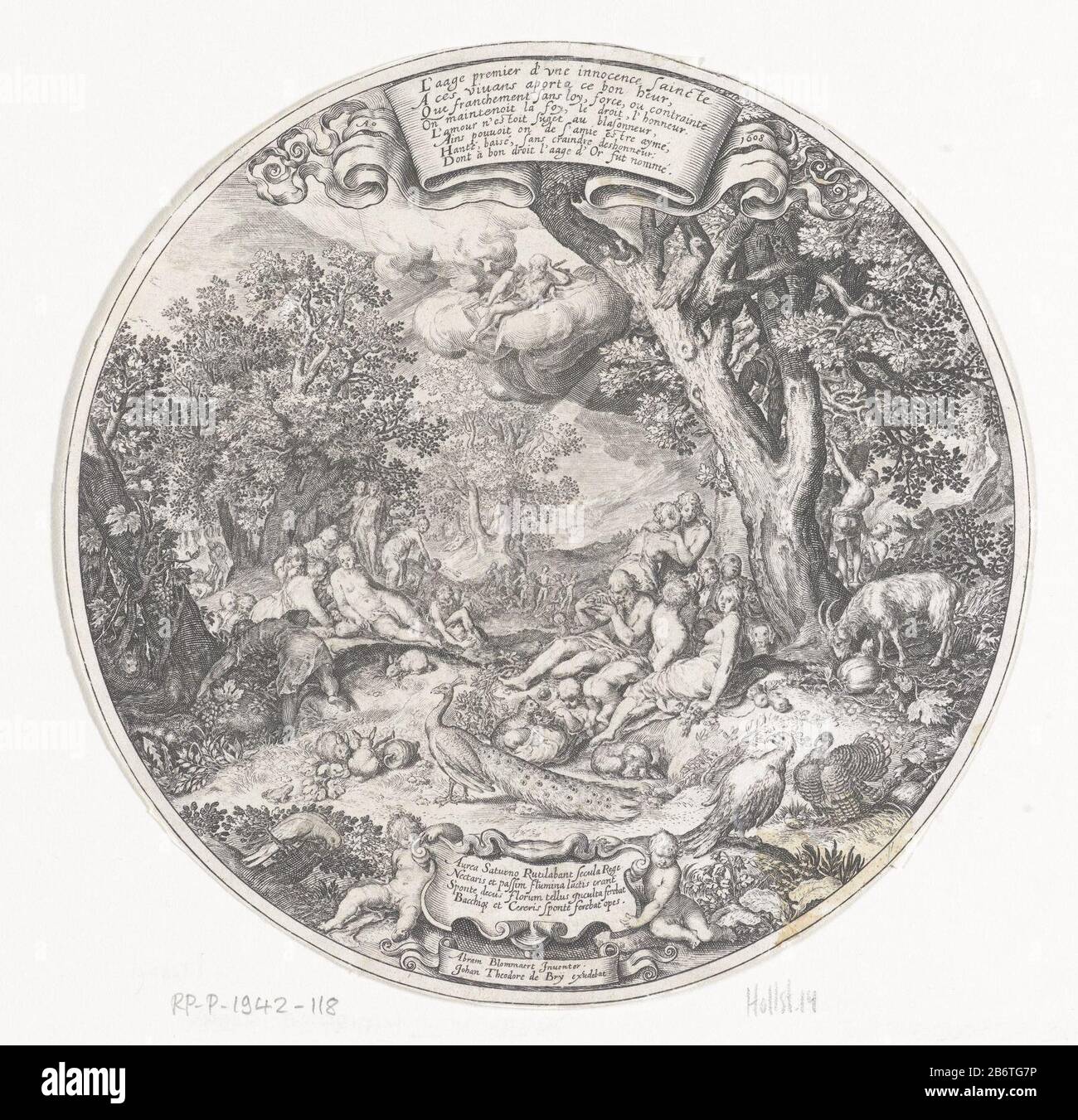 Het Gouden Tijdperk Arcadian Landschaft mit Gruppen von Männern und Frauen, die eine angenehme Pause machen. Zwischen ihnen gehen verschiedene Tiere ein. Oben in der Mitte, auf einer Wolke, blickt Saturn im goldenen Zeitalter nach unten. Über ihm ein Band mit französischem Text, das den goldenen Tijdperk erklärt. Hersteller : Druckerhersteller Johann Theodor de Brynaar Bild von: Nicolaes de Bruyn zum Zeichnen: Abraham Bloemaert (denkmalgeschütztes Gebäude) Verleger Johann Theodor de Bry (denkmalgeschütztes Eigentum) Ort Herstellung: Frankfurt Datum: 1608 Physikalische Merkmale: Fahrzeugmaterial: Papiertechnik: Engra (Druckverfahren) Abmessungen: Oberfläche: 162 d mm Betreff: Stockfoto