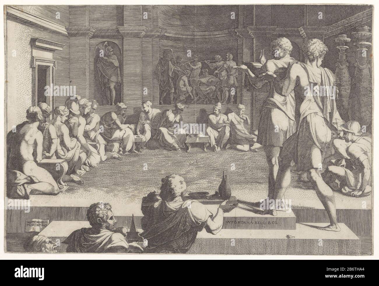 Het banket van Alexander de Grote in Persepolis Sitzen Männer und Frauen im Kreis an den Wänden eines Raumes. Die Diener bringen Speisen und Getränke auf Tabletts. Im Hintergrund steht eine Gruppe von Musikern muziek. Hersteller: Druckmaschine: Domenico del Barbiere (denkmalgeschütztes Eigentum) zum Zeichnen: Francesco PrimaticcioPlaats Herstellung: Druckmaschine Florenz zum Zeichnen: Italien Datum: 1516 - 1565 Physikalische Merkmale: Fahrzeugmaterial: Papiertechnik: Engra (Druckverfahren) Abmessungen: Blatt: H 247 mm (Innenkante) b × 366 mm (Innenkante) Betreff:.. Elegantes Bankett oder Firma Stockfoto