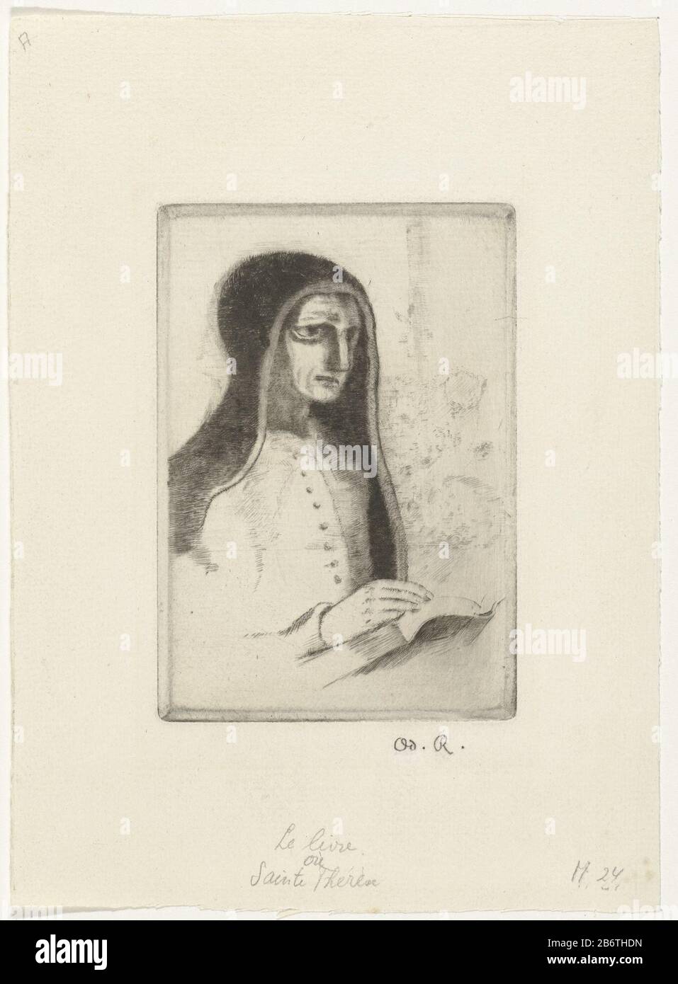 Die heilige Theresa mit einem Buch in ihrer Hand. Hersteller: Druckmaschine: Odilon Redon nach eigenem Entwurf: Odilon Redon Gedruckt von: Louis Fort Place Herstellung: Druckmaschine: France Herausgeber: Paris Datum: 1892 und/oder 1922 Physikalische Eigenschaften: Ätzung und Trockenpunkt Material: Papiertechnik: Ätzung / Trockenpunkt Messungen: Plattenkante: H × 130 mm b 90 mmToelichtingDeze Druck ist auf der Platte eingeätzt, die zuvor von Redon für Enigma verwendet wurde. K.Botke Betreff: Die Gründerin der reformierten (Unbeschuhten) Karmeliten, T(h) eres (i) a oder Avila; mögliche Attribute: Engel, Pfeil, Taube, Herz (flammend Stockfoto