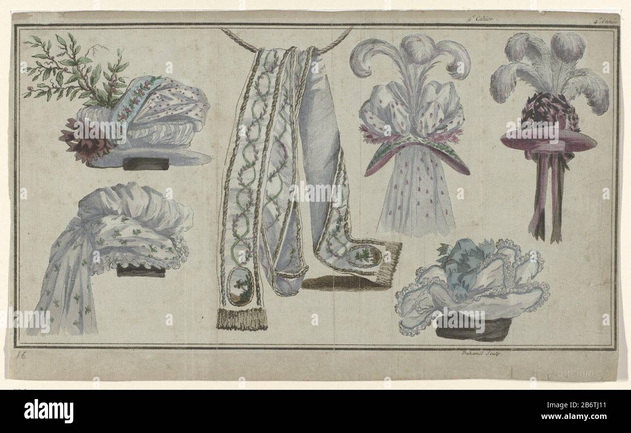 Von links nach rechts. Zwei weiße Hüte, einer mit blauem und kargem Bandbogen und einer mit Blumenmuster und herabhängenden Lippen. Ein bestickter Gürtel aus weißem Satin. Drei Hüte: 1) hat weiße Satin, dekoriert mit Girlanden und Pflaumen. 2) hat schwarzen Satin mit rotem Satin-Schleife und Feder. 3) Weißer Hut mit großem Bogen blauer Bänder. Das Bild ist Teil der 9th Cahier, 4e année, aus der Serie Magasin des Modes Nouvelles et Françaises Anglaises. Die Serie besteht aus 172 Modedrucken, die von Buisson, Paris, 20. November 1786-21 décembre 1789 veröffentlicht wurden. Hersteller: Druckmaschine: A. B. Duhamel (auf obje angegeben Stockfoto