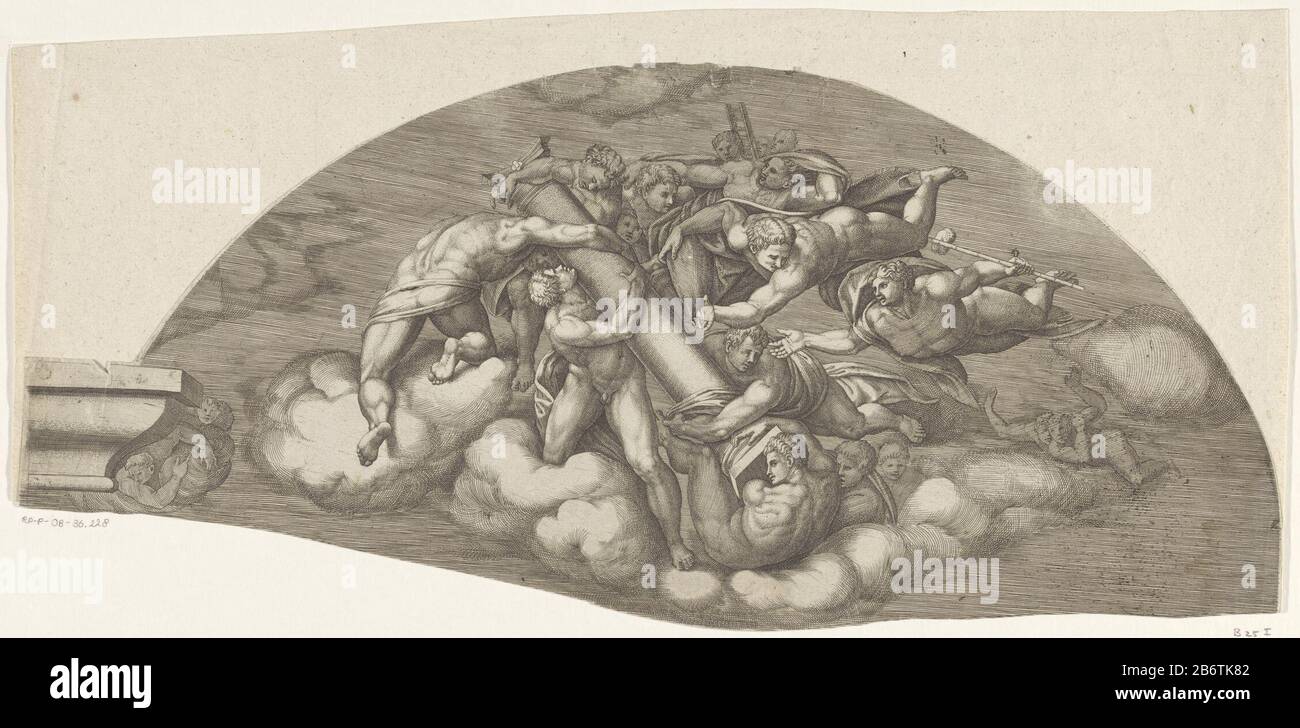 Het laatste oordeel, blad A Detail of the fresco 'The Last Judgement' von Michelangelo in the Sixtijnse Kapel. Hersteller : Druckmaschine: Giorgio Ghisinaar Design: Michelangelo Herstellung: Druckmaschine: Italien zur Gestaltung: Vatikan Datum: 1530 - 1582 Physische Eigenschaften: Engra-Material: Papiertechnik: Enga (Druckverfahren) Maße: Blatt: H 233 mm (Unregelmäßiger Schnitt) × W 525 mm (Unregelmäßige Erregung) Bemerkungen Drucken ist Mitglied einer Gruppe von zehn Drucken, die zusammen eine große Aufführung des Freskos mit dem Gericht von Michelangelo in der Sixtinischen Kapelle in der Vaticaan bilden. Subjec Stockfoto