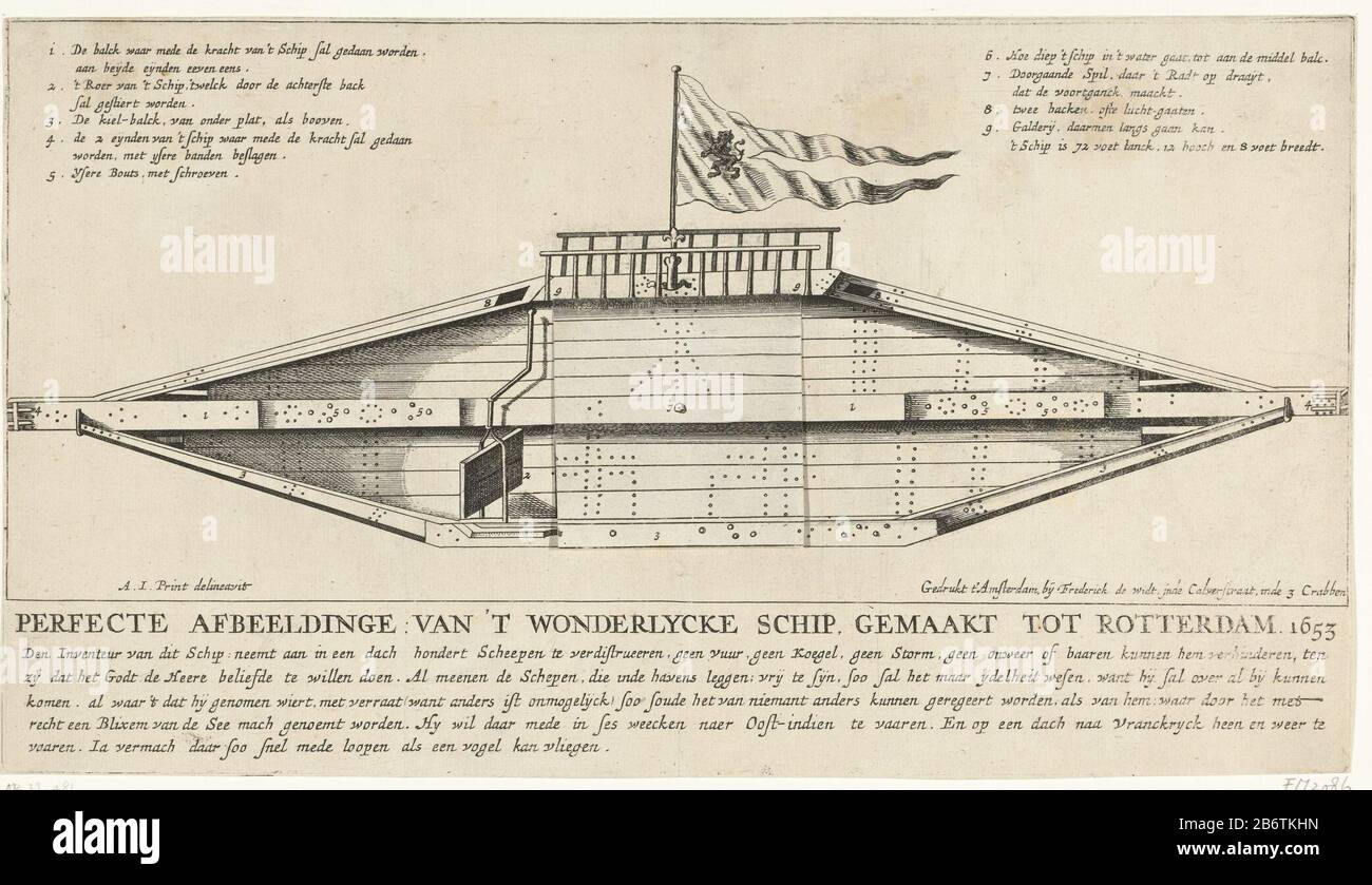 Het malle schip van Rotterdam, 1653 Perfecte afbeeldinge van 't wonderlycke schip, gemaakt tot Rotterdam 1653 (titel op object) Das alberne oder seltsame Schiff aus Rotterdam, entworfen von Jean Duson, 1653. Mit einem zentralen Paddel oder einer Schraube (mit einem darauf befestigten Blech abgedeckt) in rautenförmigem Holzgefäß geentert. Mit 6 Zeilen Unterschrift, in der Präsentation die Legende 1-9. Hersteller : Druckhersteller: Anonym zu zeichnen an: A.J. Drucker: Frederik de Widt (Listed Property) Ort Herstellung: Druckmaschine: Northern Netherlands Herausgeber: Amsterdam Datum: 1653 Physische Merkmale: E Stockfoto