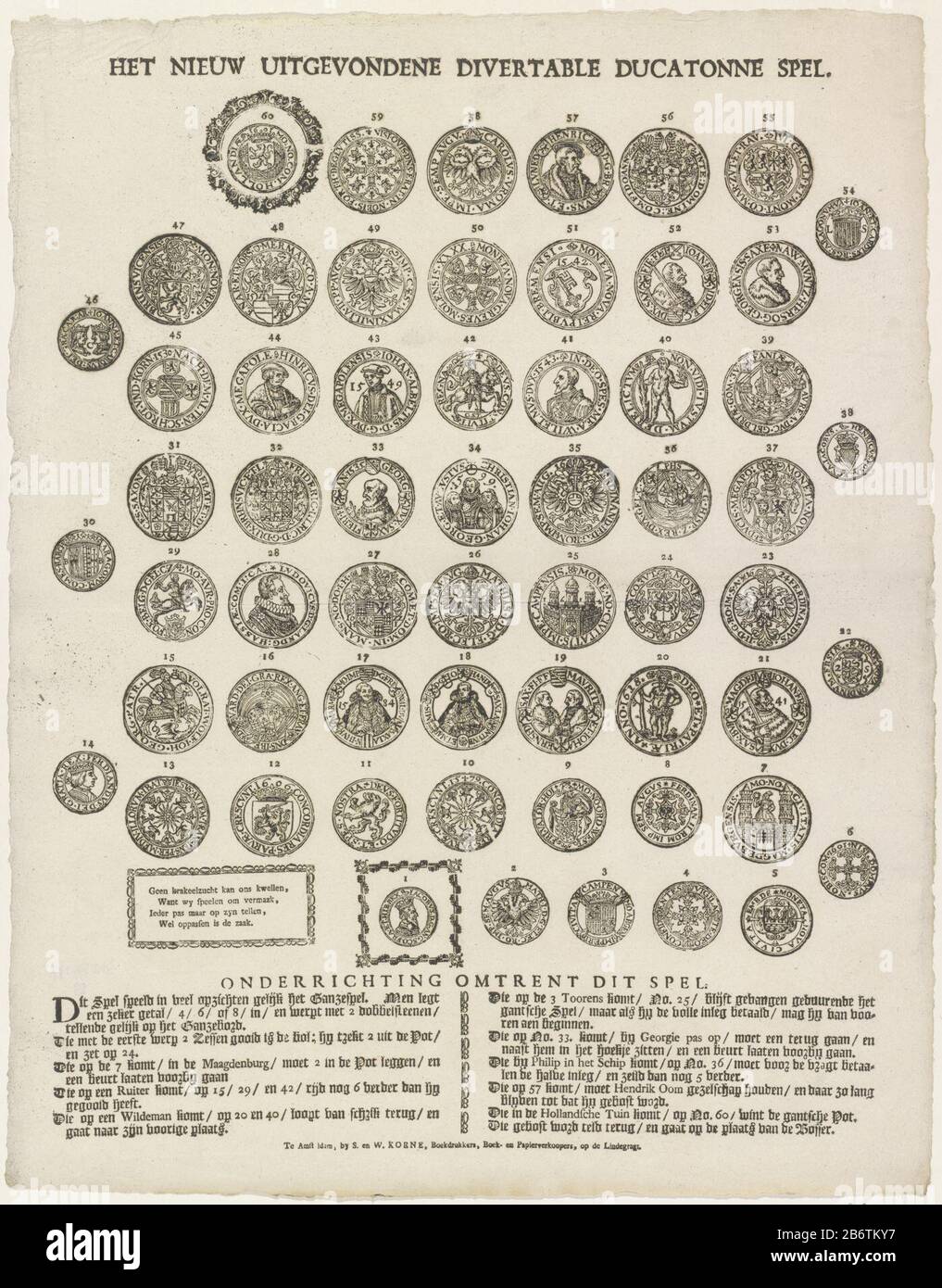 Het nieuw uitgevondene divertable ducaton spel (titel op object) Board game  with Eight rows of coins among, whether from 1 to 60. A Dukaton ist eine  alte holländische Silbermünze mit drei Gulden