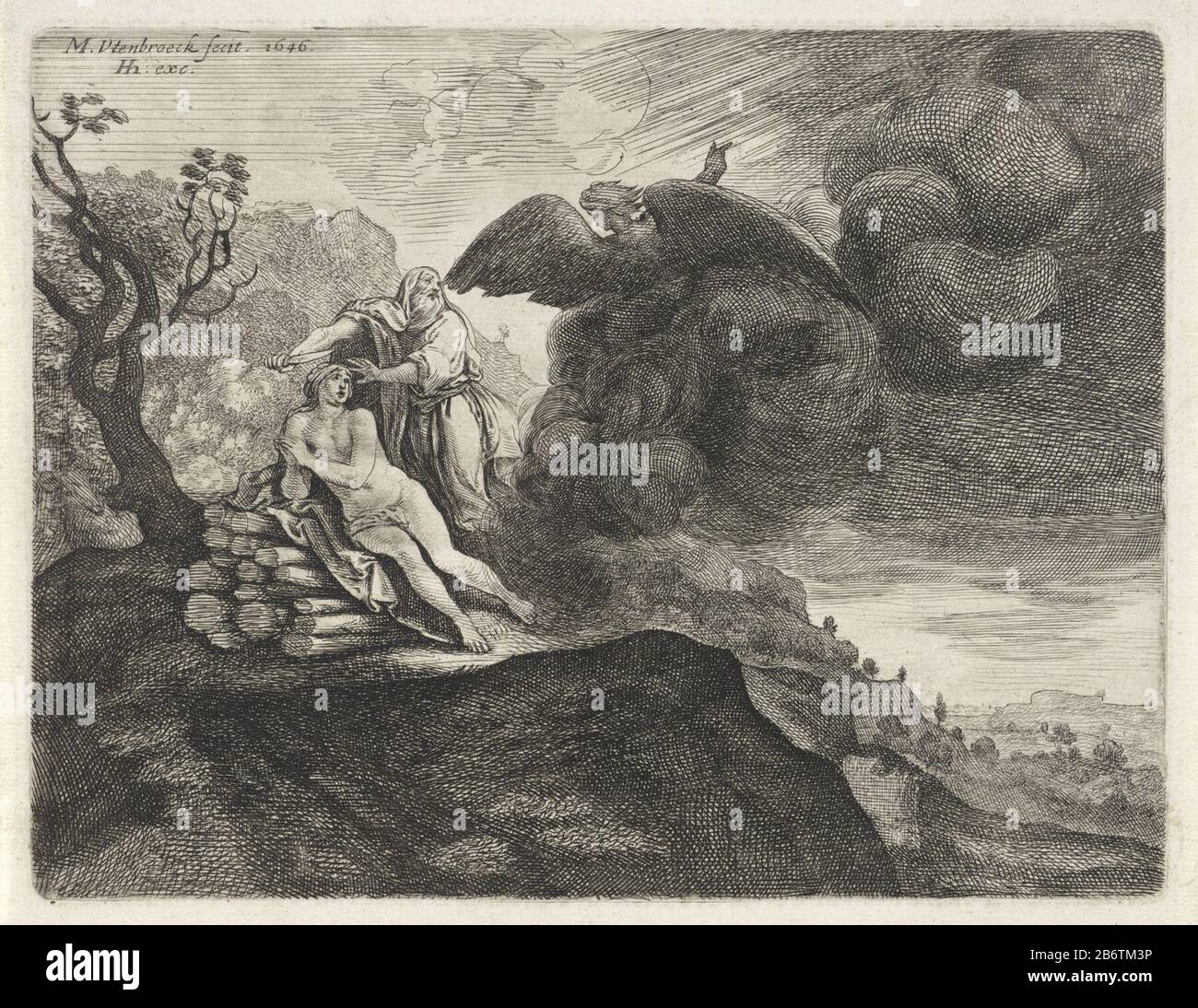 Het offer van Abraham Abraham ist ein Messer, das bereit ist, seinen Sohn Isaac zu opfern. Über ihm erscheint in einer Wolke ein Engel gegen Hoden. Hersteller HIM Druckmaschine: Moses van Uyttenbroeck (denkmalgeschütztes Gebäude) Herausgeber: Hendrick Hondius (I) (denkmalgeschütztes Gebäude) Ort Herstellung: Den Haag Datum: 1620 und/oder 1646 Physikalische Merkmale: Ätz- und Engra-Material: Papiertechnik: Ätzung / Engra-Material (Druckverfahren) / Trockenpunkt Abmessungen: Plattenkante: H 162 mm × W 209 mm Subjekt: Wenn Abraham seine Hand erhoben hat, um Isaac zu töten, hält Gott oder die Hand Gottes Abrahams Hand zurück Stockfoto