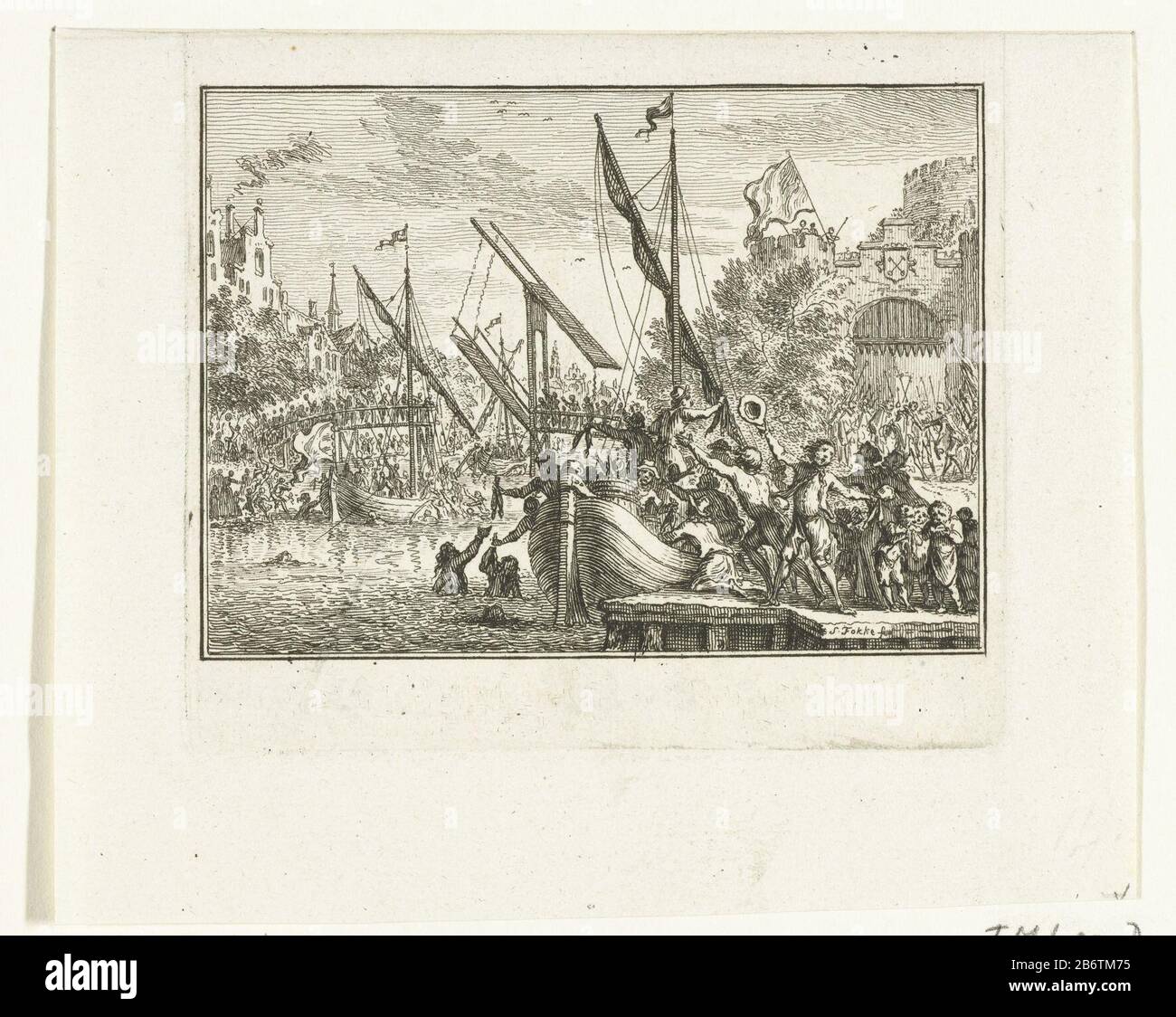 Het ontzet van Leiden, 1574 Die Erleichterung von Leiden, 3. Oktober 1574. Von Bettlern aus werden Lebensmittel an Stadtbewohner verteilt. Verließ einen Stadtspoort. Hersteller : Druckerhersteller Simon Fokke (Listed Property) Ort Herstellung: Nordholland Datum: 1785-84 Physikalische Merkmale: Ätzmaterial: Papiertechnik: Ätzmaße: Plattenkante: H 93 mm (Top Cut, gedruckt von einer größeren Platte, Wo: Auf mehreren Aufführungen) b × 105 mmToelichtingGebruikt als Illustration in: JW in Water, Dem historischen Geburtsland des Herrn J. Wagenaar, gekürzt und Bemerkungen mit Leerzaame, im Dienst von Stockfoto