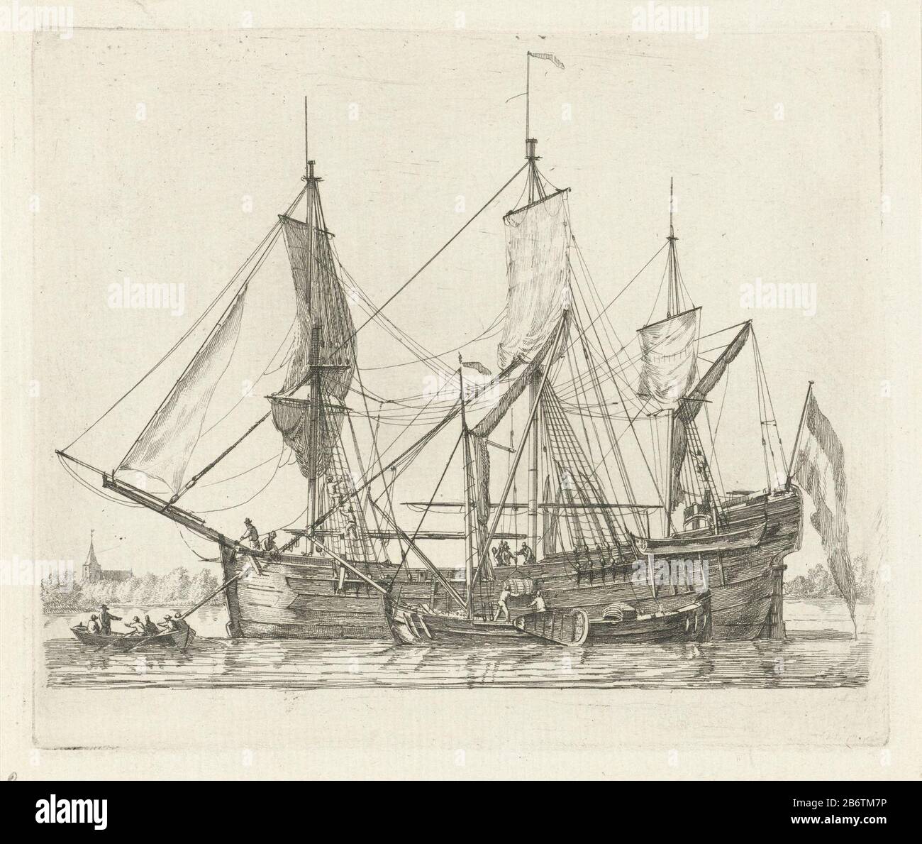 Het ontladen van een driemaster Versende schepen Serie C (serietitel) disponing a dreimaster. Neben einem Schiff, Auf Dem eine Tonne Lasten segeln, auch ein Ruderboot mit sechs Personen. Dieser Druck ist Teil einer Serie von zwölf Drucken mit verschiedenen Zeilschepen. Hersteller : Druckmaschine: Gerrit Groeneweg Herstellung: Rotterdam Datum: 1789 Physikalische Eigenschaften: Ätzmaterial: Papiertechnik: Ätzmaße: Plattenkante: H 123 mm × W 153 mm Betreff: Schiffe (allgemein) Stockfoto