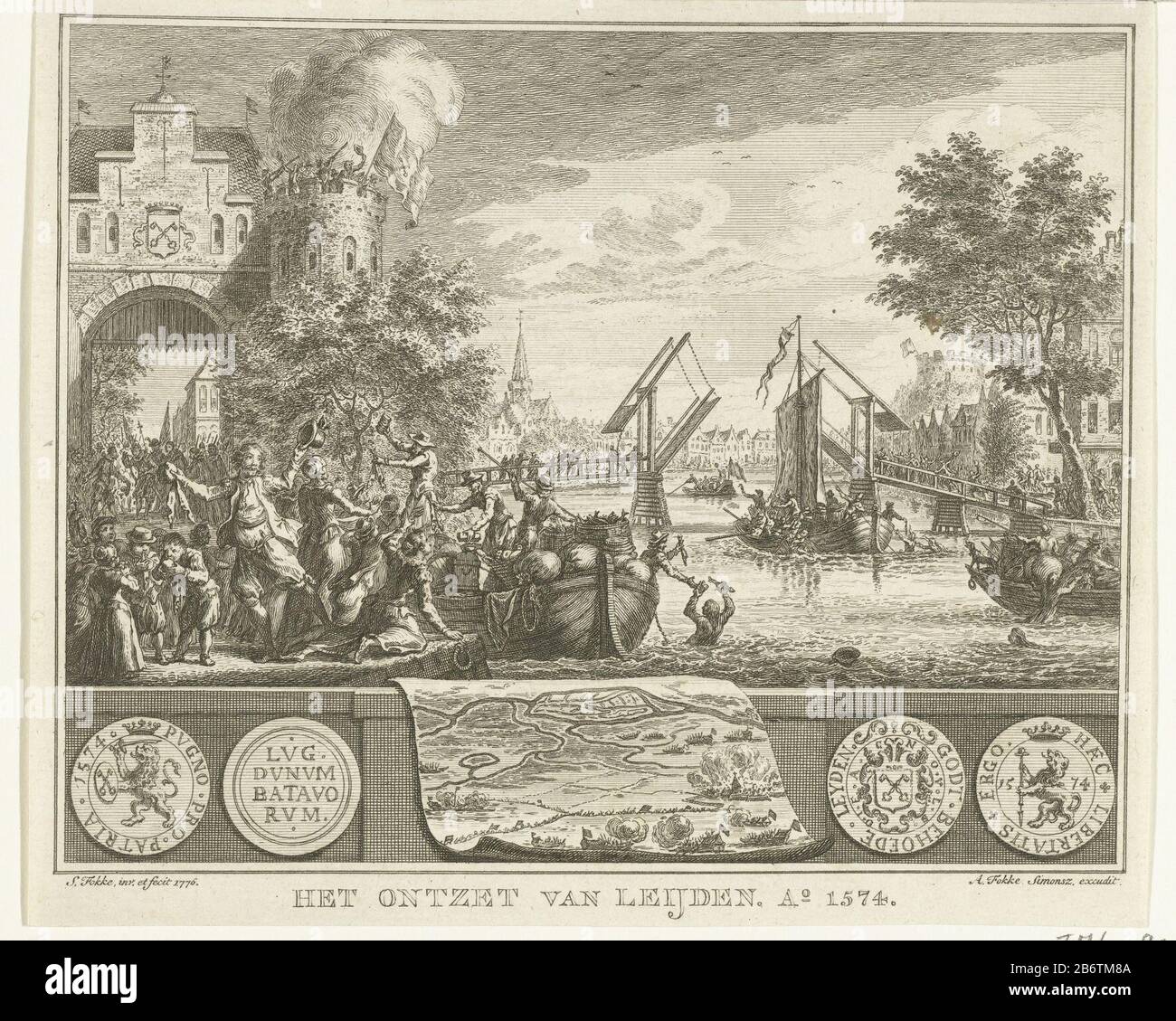 Het ontzet van Leiden, 1574 Het ontzet van Leijden Ao 1574 (titel op object) Das Erleichterung von Leiden, 3. Oktober 1574. Von Bettlern aus werden Lebensmittel an die Einwohner der Stadt verteilt. Ein Tor links. Unter einer Landkarte der Region und brachte zwei Beispiele für das Papiergeld im Notfall belag in Umlauf. Hersteller: Druckerei-Hersteller Simon Fokke (denkmalgeschütztes Gebäude) in seinem Entwurf: Simon Fokke (denkmalgeschütztes Gebäude) Herausgeber: Arend Fokke Simonsz. (Auf dem Objekt abgebildet) Herstellung: Amsterdam Datum: 1776 Physikalische Eigenschaften: Ätz- und Engra-Material: Papiertechnik: Ätzung/Engra-Material (Druck Stockfoto