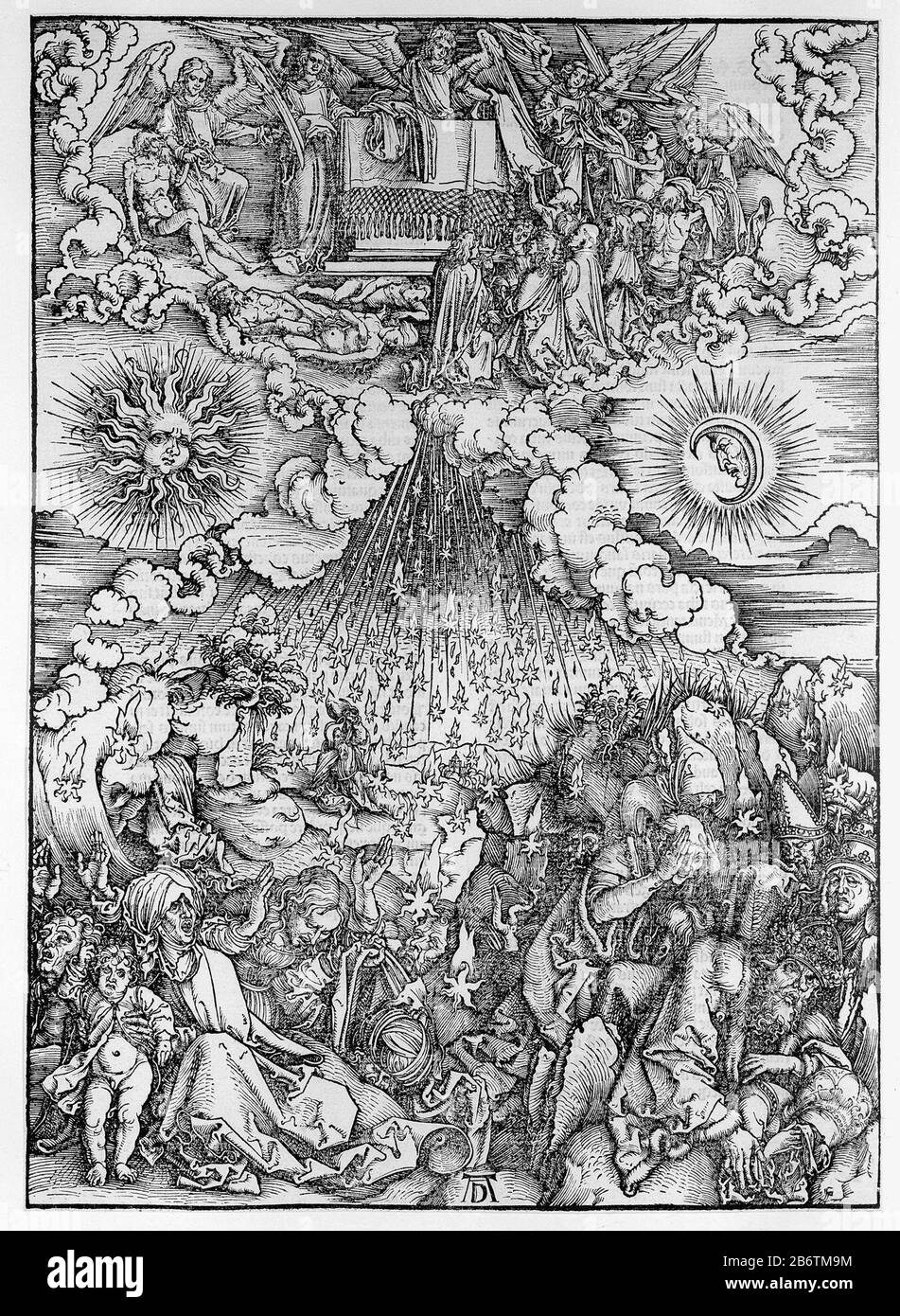 Het openen van het vijfde en het zesde zegel Angels Kleidungsstücke an die Seelen der Märtyrer unter dem Altar. Unter Sonne und Mond und Sterne, die auf die Erde fallen - papst, Kaiser und normale Männer, Frauen und Kinder sind in Panik davon entfernt. Auf der verso-lateinischen Bibel in gotischer Schrift in zwei Kolomen. Hersteller : Druckerhersteller Albrecht Dürer (Listed Property) Ort Herstellung: Nürnberg Datum: 1497-1498 und/oder 1511 Physikalische Merkmale: Holzschnitt und Briefpressmaterial: Papiertechnik: Holzschnitt / Druckformate: Bild: H 391 mm × W 282 mmToelichtingIllustratie in einer lateinischen Ausgabe der TH Stockfoto