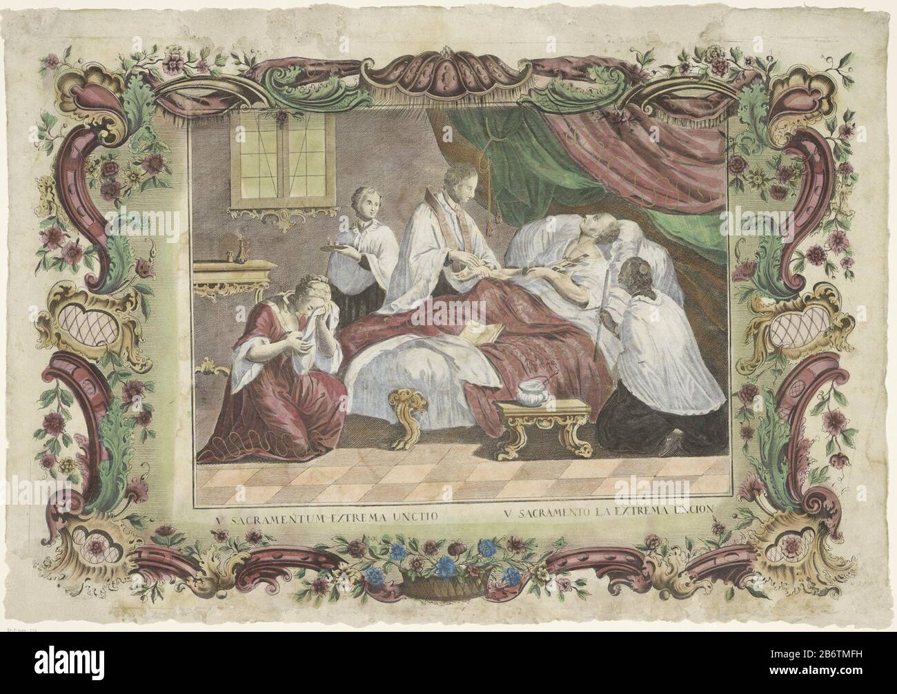 Het sacrament van het laatste oliesel V sacramentum extrema unctio V sacramento la extrema uncion (titel op object) De zeven sacramenten (serietitel) das Abendmahl der extremen Verfügung. Ein Sterbender liegt in einem Bett unter einem Baldachin. Ein Priester dient ihm den letzten Riten. Links und rechts vom Bett ein kniender Akolyt. Am Fuß einer weinenden Frau. Titel in zwei Sprachen ​​under Leistung. Die Szene ist in einem Ornamentrand festgehalten. Hersteller : Druckerhersteller Giovanni Volpatouitgever: Familie RemondiniPlaats Herstellung: Druckmaschine: Italien Herausgeber: Bassano del Grappa dating: 1700 - 1799 Physische Merkmale: Etchi Stockfoto