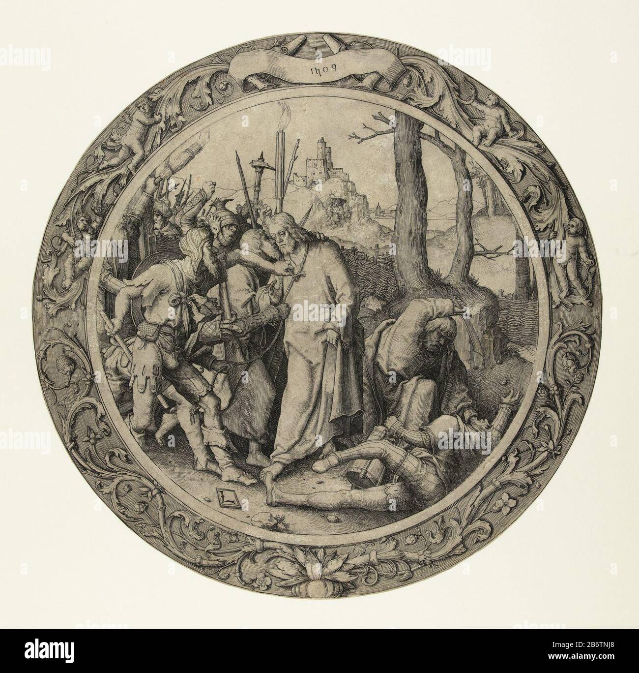 Het verraad van Christus De Ronde Passie (serietitel) Christus von Judas geküsst, von Soldaten gefangen genommen. Peter mit schwerem d ist Malchus aan. Hersteller: Druckmaschine: Lucas van Leyden (denkmalgeschütztes Gebäude) in seinem Entwurf: Lucas van Leyden Herstellung: Niederlande Datum: 1509 Physische Merkmale: Fahrzeugmaterial: Papiertechnik: Engra (Druckverfahren) Abmessungen: Blatt: D 285 mm Subjekt Peter zieht sein Schwert und schneidet Malchus' irdisches Gericht über Christus ab ~ Garten von Gethsemanethe Kuß des Judas: Begleitet von Soldaten mit Fackeln und Laternen küsst er Christus Stockfoto