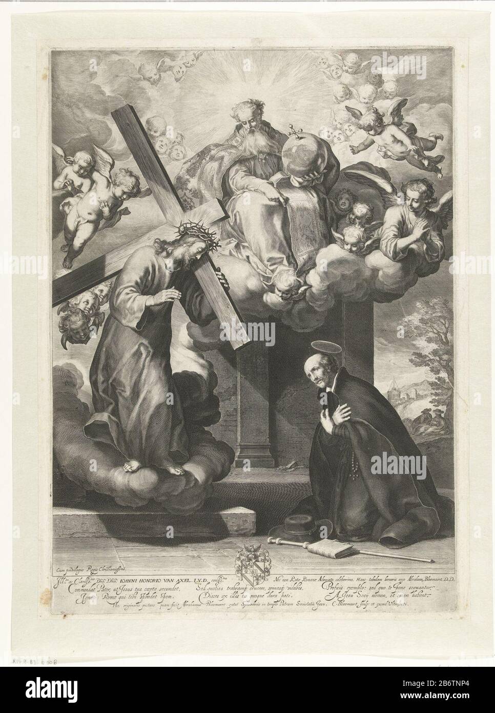 Het visioen van de heilige Ignatius van Loyola Ignatius von Loyola, der Gründer der Gesellschaft Jesu, wird hier als ein Mann mittleren Alters mit der schwarzen Angewohnheit seines Orden dargestellt, der in einer Kapelle an der Seite der Straße betet. Denn es erscheint die Figur des Christus, der die Kreuzdraagte trägt. Hersteller : Druckerei-Hersteller Cornelis Bloemaert (II) (denkmalgeschütztes Gebäude) zu Gemälde von Abraham Bloemaert (denkmalgeschütztes Gebäude) Verleger Cornelis Bloemaert (II) (denkmalgeschütztes Gebäude) gewidmet von Abraham Bloemaert (denkmalgeschütztes Eigentum) zugewiesen an: Johannes Honorius Axel (denkmalgeschütztes Eigentum) Ort Herstellung: Utrechter Datum: 1630 - Stockfoto