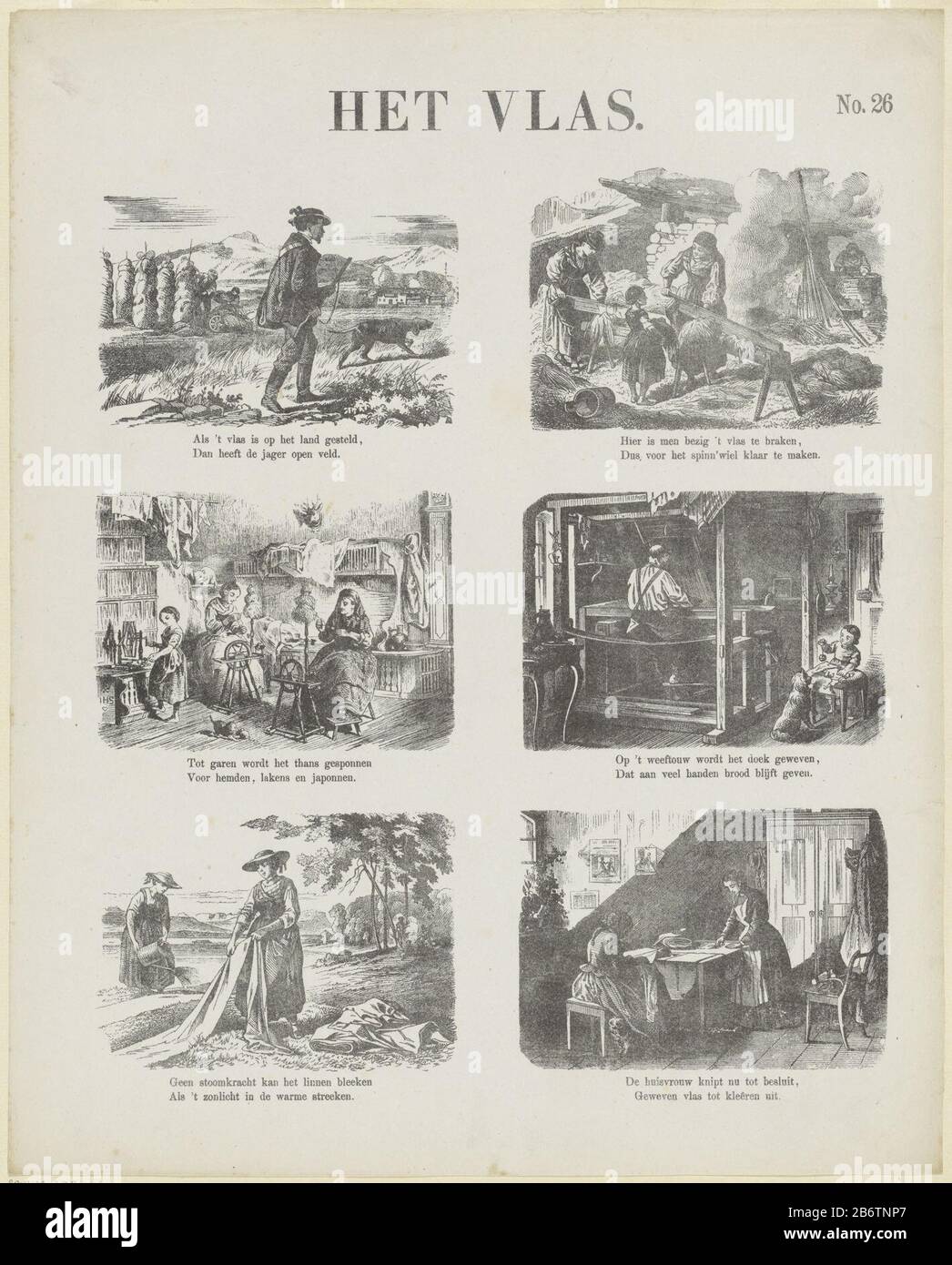 Het vlas (titel op object) Meijers Pränen (serietitel) Journal 6 zeigt den Anbau und die Verarbeitung von Flachs Wo: Unter den Darstellungen der Ernte von Flachs, Erbrechen von Flachs, Spinnen, Weine, Bleichen und Schneidern. Unter jedem Bild eine zweizeilige Verse. Oben rechts nummeriert: Nr. 26. Hersteller : Herausgeber: De Ruyter & Meijer Druckautor: Anonymer Ort Herstellung: Amsterdam Datum: 1874 Physikalische Merkmale: Lithographisches und textdruckendes Material: Papiertechnik: Lithographie (Technik) / Druckformate: Blatt: H 429 mm × W 345 mm Betreff: Flachs (Material  Textilindustrie) Spinnen (Manu Stockfoto
