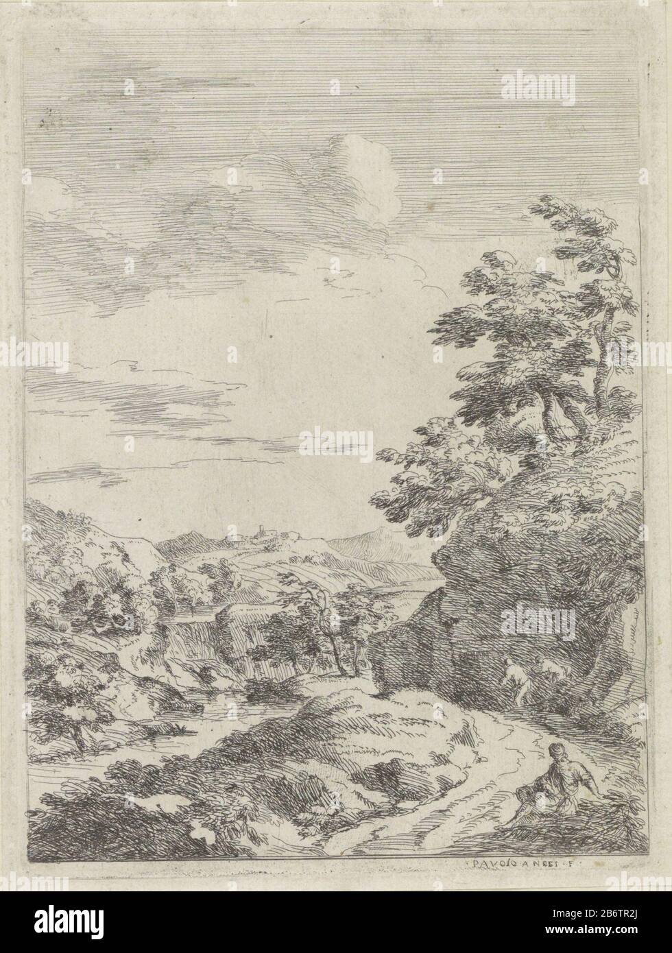 Heuvellandschap Hügellandschaft mit drei figuren. Hersteller : Druckerhersteller Paolo Anesi (Listed Property) Ort Herstellung: Italien Datum: 1710 - ca. 1761 Physikalische Merkmale: Ätzmaterial: Papiertechnik: Ätzmaße: Plattenkante: H 181 mm × W 135 mm Betreff: Landschappenarme Hügellandschaft Stockfoto