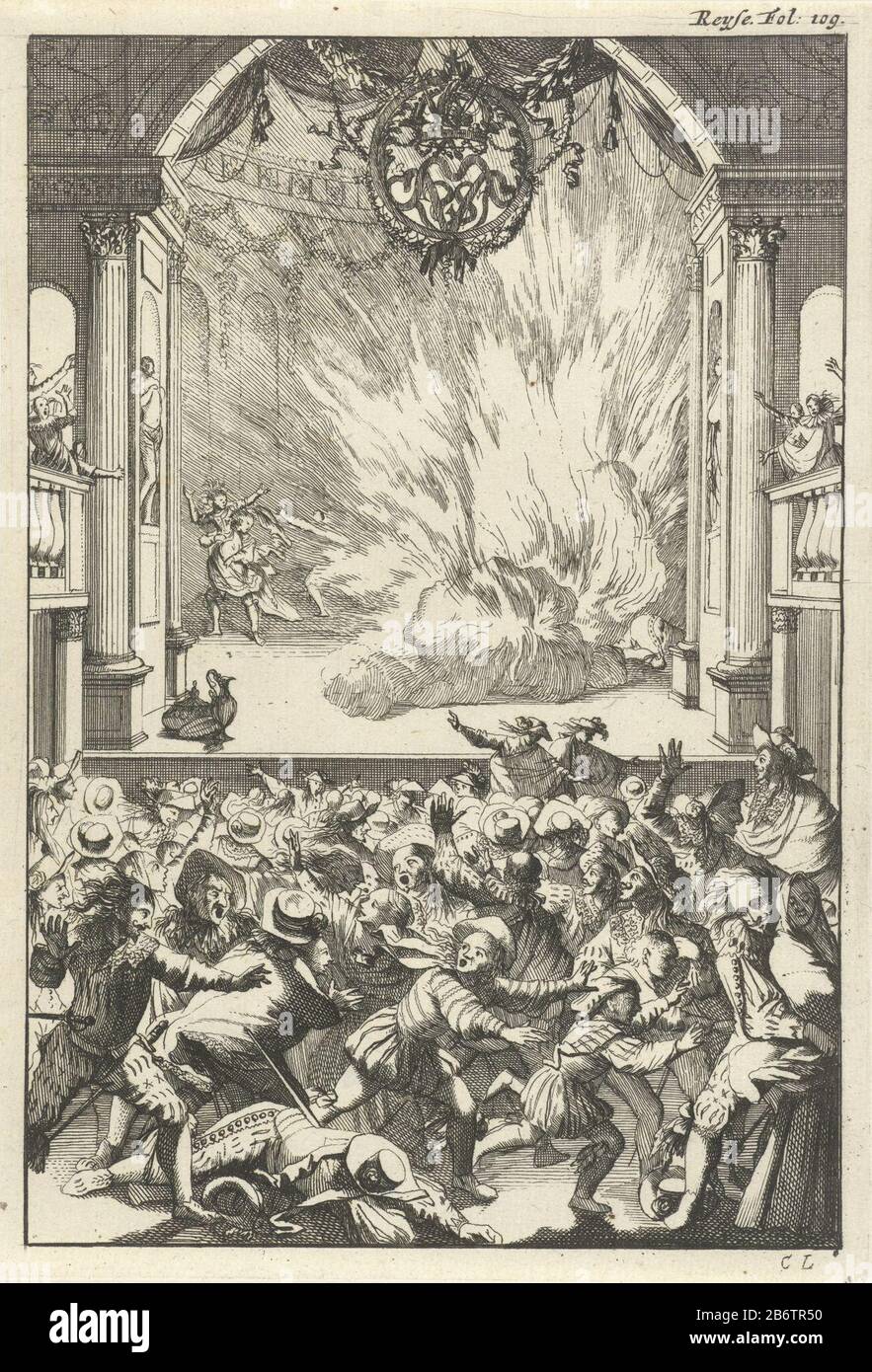 Hevige Marke op het toneel Print rechts beschriftet: Reyse Fol : 109. Hersteller : Druckmaschine: Caspar Luyken (denkmalgeschütztes Gebäude) Herausgeber: Willem BroedeletPlaats Herstellung: Druckmaschine: Amsterdam Herausgeber: Utrechter dating: 1696 Physikalische Merkmale: Ätzmaterial: Papiertechnik: Ätzmaße: Blatt: H 186 mm × W 128 mmToelichtingIllustratie: D'Aulnoy Marie Catherine Le Jumel de Barneville. Reyse von Spaignien, neffens Memo rien des selfs of Court. Utrechter Willem Broedelet, 1696. Betrifft: In Brand, Schlaftheater, theatralische Aufführung Stockfoto