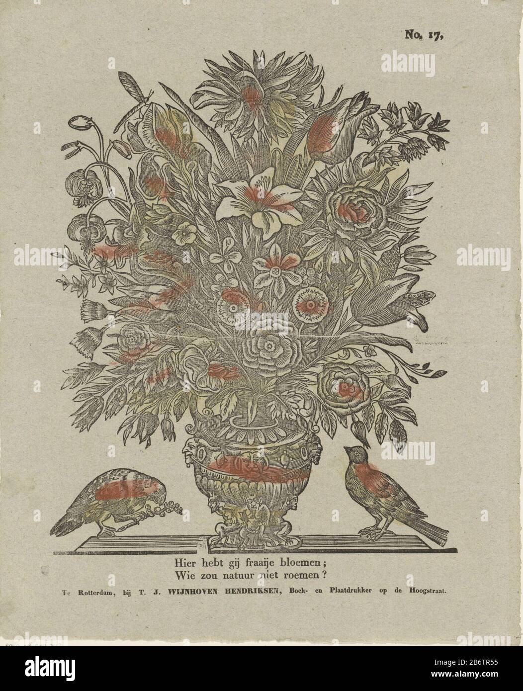 Hier hebt gij fraaije bloemen wie zou natuur niet roemen (titel op object) EINE Vase mit einem Haufen verschiedener Blumen, Wo: Unter einer Rose, einer Tulpe und einer Pansie. Auf beiden Seiten der Vase ein Vogel. Oben rechts nummeriert: Nr. 17. Hersteller : Herausgeber: Johannes Theodorus Wijnhoven-Hendriksen (denkmalgeschütztes Gebäude) Druckmaschine: Anonymer Ort Herstellung: Rotterdam-Datum: 1830-1850 Physische Merkmale: Gelb und rot gefärbter Holzschnitt; Textdruckmaterial: Papiertechnik: Holzschnitt / Farben / Druckformate: Blatt: H 411 mm × W 331 mm Betreff: Vogelblumen in einer Vase Stockfoto