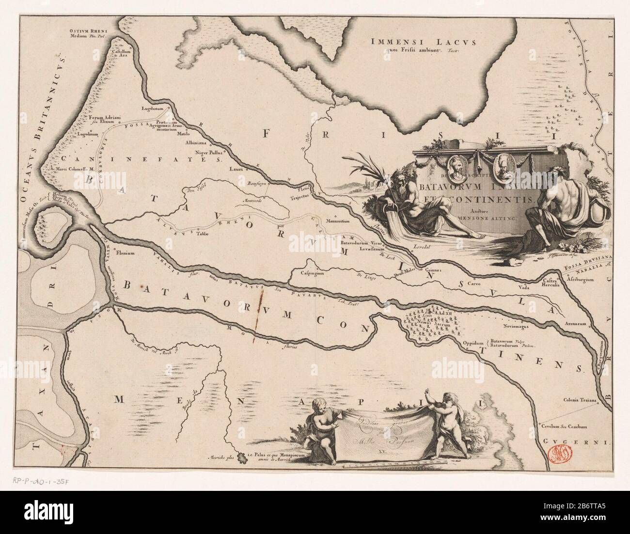 Historische Kaart van Nederland traf auf de gebieden van de Bataven en Friezen Descriptio Batavorum insulae et continentis (titel op object) Karte der batavischen und friesischen Gebiete in der Römerzeit. Rechte Kartusche mit zwei Fluss-Göttern, Titel und Porträts von Cananefatenleider Brinio Batavians und Anführer Claudius Civilis. Unten Schüsselstab mit zwei Putten: Quadrans gradus Su Millia passum XV Hersteller : Druckerhersteller Jan Goeree (denkmalgeschütztes Gebäude) in seinem Entwurf: Jan Goeree (denkmalgeschütztes Eigentum) Autor: Menso Alting (denkmalgeschütztes Eigentum) Ort Herstellung: Niederlande Datum: 1697 - 1700 und/oder 1725 Physische Merkmale: Stockfoto