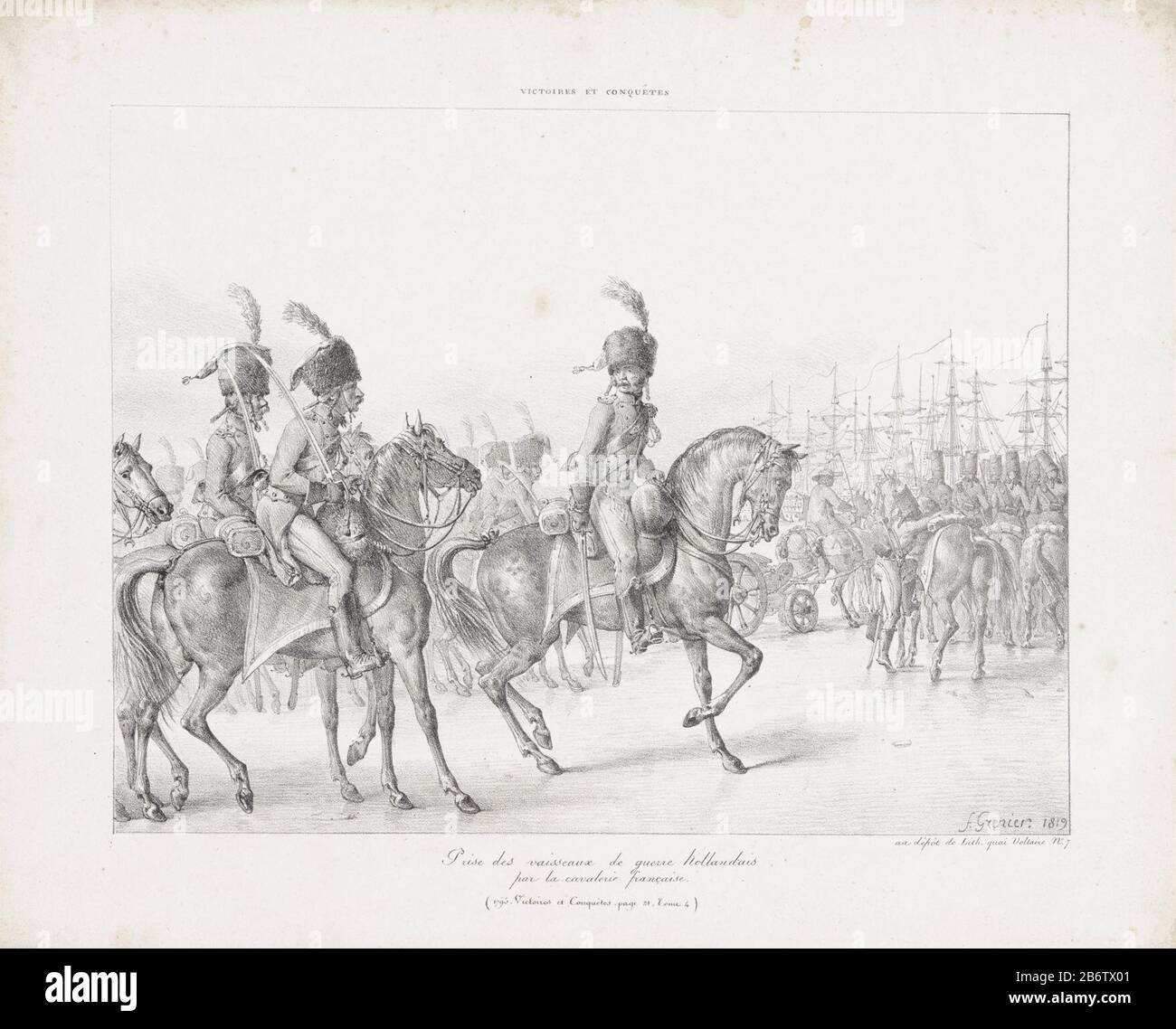 Französische Husaren unter General Pichegru erobern die Schiffe der Flotte der Staaten, die am 24. Januar im Eis in den Helder gefroren sind. Hersteller : Druckmaschine François Grenier (börsennotiertes Objekt) Ort Herstellung: Frankreich Datum: 186 Physikalische Merkmale: Lithographisches Material: Papiertechnik: Lithographie (Technik) Abmessungen: Blatt: H 349 mm × W 432 mmToelichtingGebruikt als Illustration in: Victoires et Conquêtes, Paris, 1818-18-18-18-18-18-18-18-18-18-18-18-18-18-18-18- Nicht Frederik Muller; hinzugefügt von RPK-Nummer. Betrifft: Schlacht (+ Landstreitkräfte) Bias französische Truppen PichegruWanneer: 1795-01-24 - 1795-01-24 Stockfoto