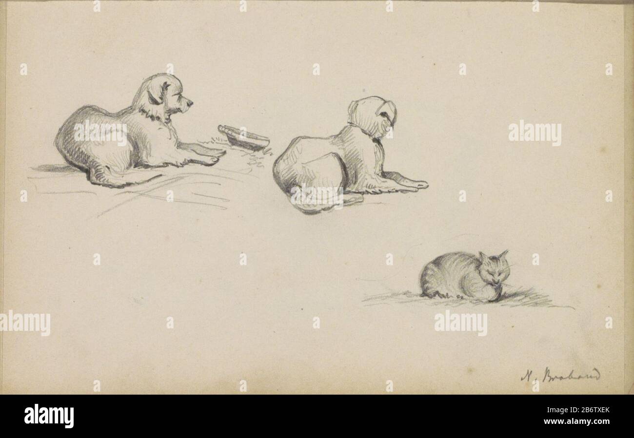 Honen en een kat Blatt 42 recto aus einem Skizzenbuch mit 73 bladen. Hersteller : Illustrator John TavenraatPlaats Herstellung: Schottland Datum: 1832-1872 Physische Merkmale: Bleistift-Material: Bleistift-Papier Betreff: Dogcat Stockfoto