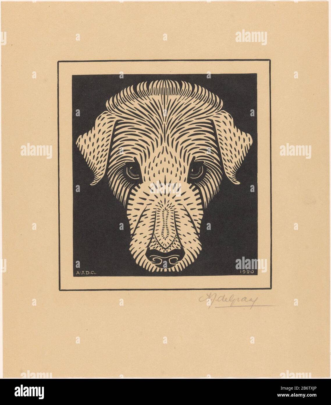 Hondenkop Leiter eines terriër. Hersteller: Druckmaschine: Julie the Like (persönlich unterzeichnet) Verleger Cornelis The Lorm (denkmalgeschütztes Gebäude) Datum: 1920 Material: Papiertechnik: Holzschnitt Abmessungen: Blatt: H 320 mm × W 280 mm Betreff: Hund Stockfoto