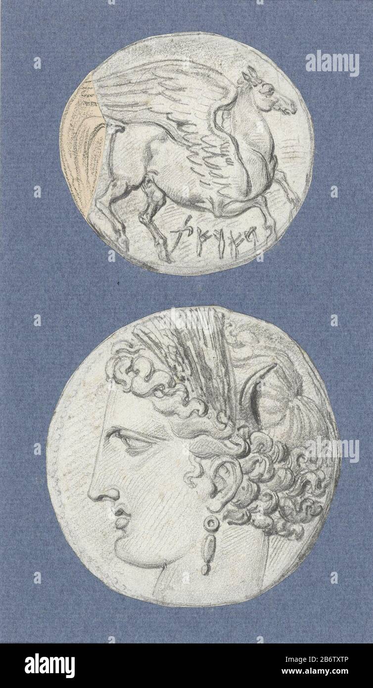 Hoofd van Persephone traf Dubbele aar in het haar, in profiel Die Vorderseite einer großen (karthagischen?) Münze: Der Kopf von Persephone doppelte Spitze im Haar, profiel. Hersteller: Künstler: Achille Devéria dating: 1825-1857 Physikalische Merkmale: Bleistift-Material: Bleistift-Abmessungen: D 80 mm (unregelmäßiger Schnitt) Anmerkungen Anhänger der Rückseite einer großen (karthagischen?) Währung mit Stechprisen Pegasus (Inv. RP T-1959-142). Betrifft: (Geschichte) Proserpina (Persephone, Core), Libera Stockfoto