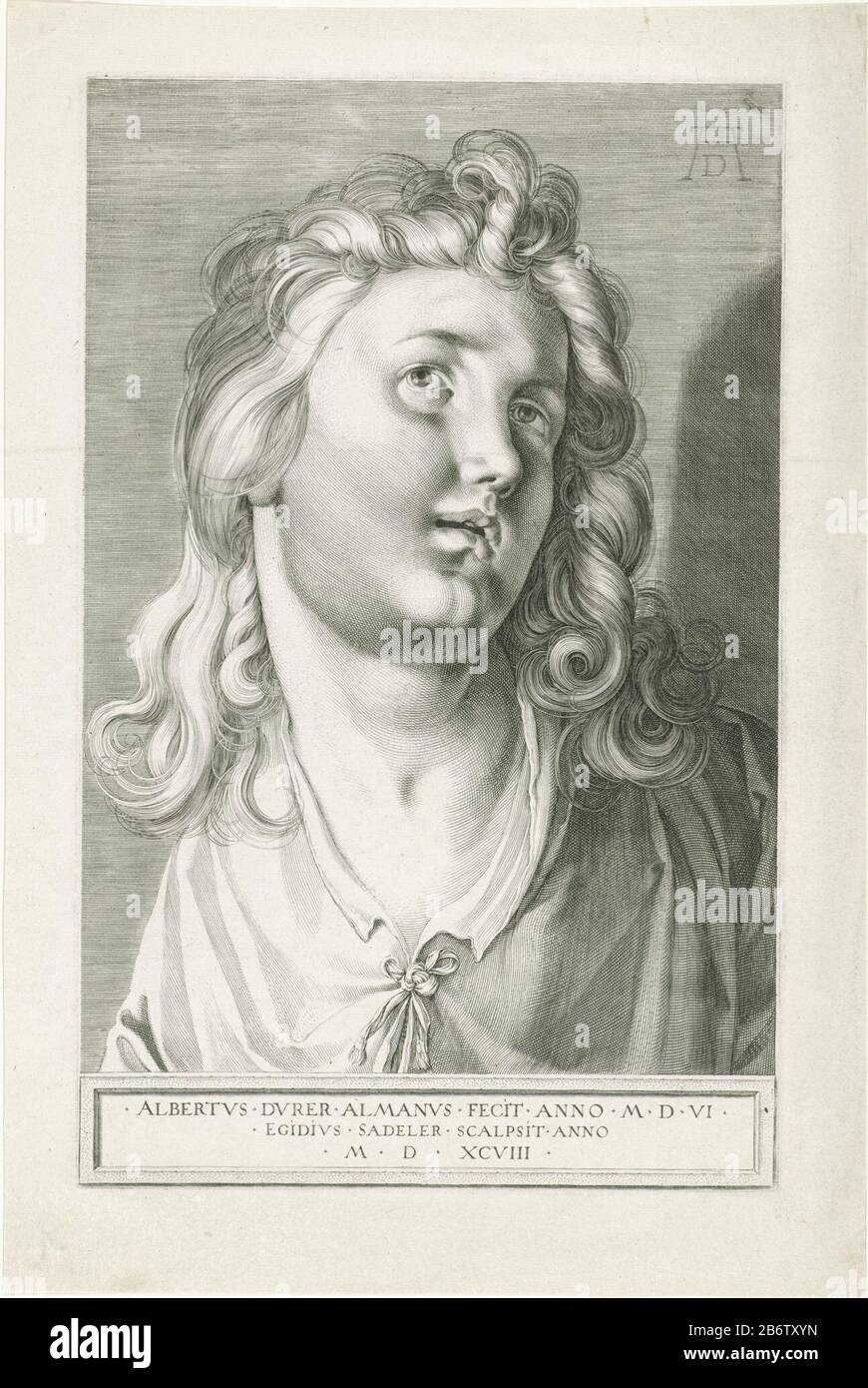 Hoofd van een engel Leiter eines Angel Objekttyps: Bild Artikelnummer: RP-P-ob-5146Katalogusreferentie: Hollstein Dutch 98 Aufschriften / Marken: Sammlermarke, darunter links, gestempelt: Lugt 240 Hersteller: Druckmaschine: Aegidius Sadeler (denkmalgeschütztes Gebäude) zum Zeichnen von Albrecht Dürer (denkmalgeschütztes Eigentum) Ort Herstellung: Prag Datum: 1598 Fahrzeugmaterial: Papiertechnik: ENGRAA (Druckverfahren) Abmessungen: Plattenkante: H 358 mm × W 227 mm Betreff: Engel Stockfoto